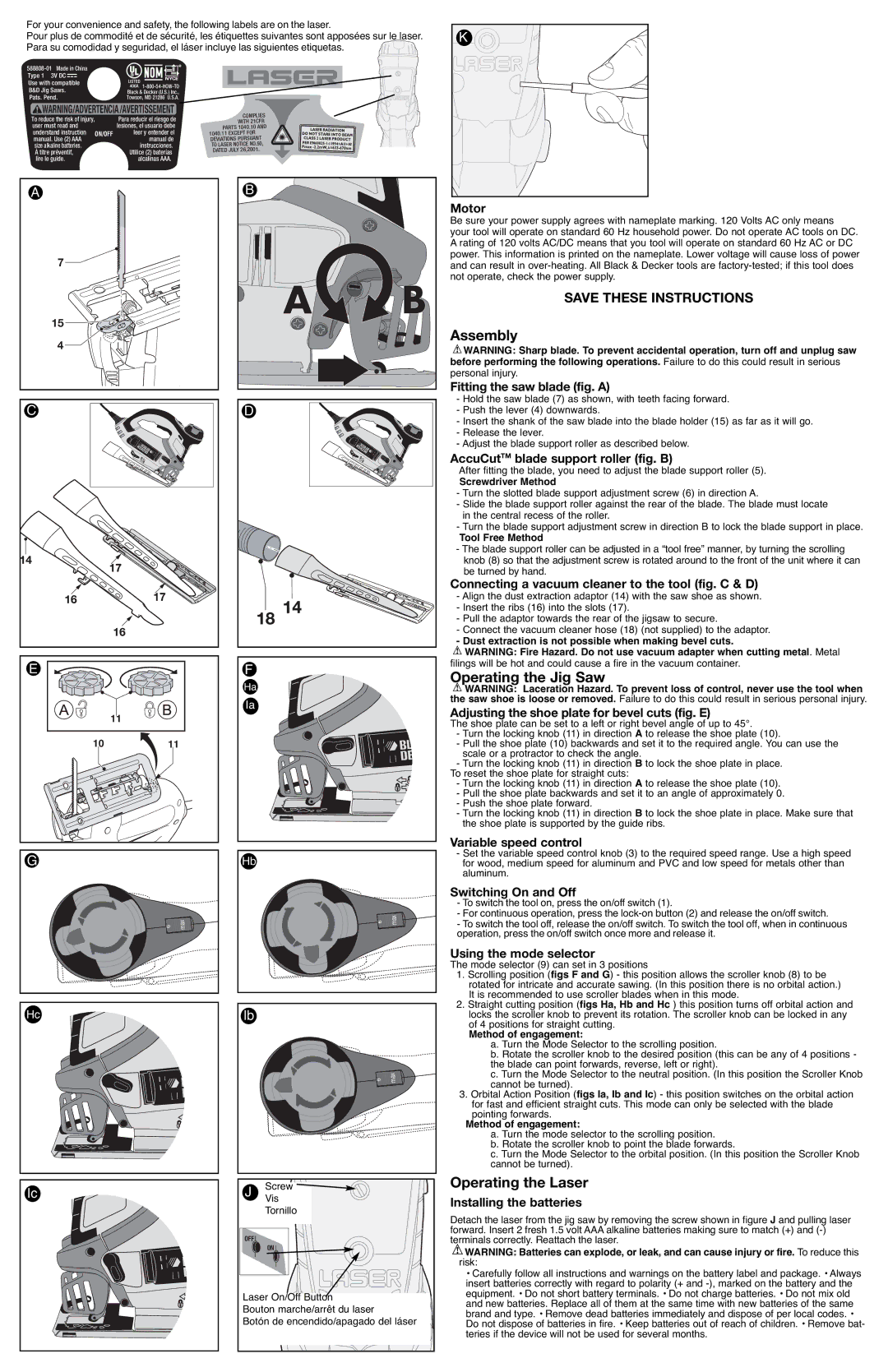 Black & Decker JS700L, 490525-00 instruction manual Assembly, Operating the Jig Saw, Operating the Laser 