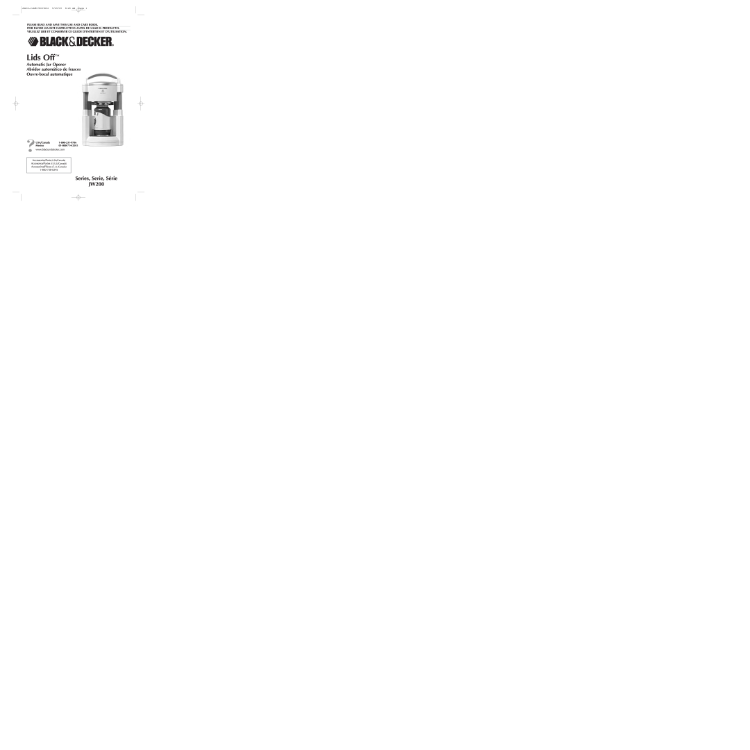 Black & Decker JW200 Series manual Series, Serie, Série JW200, Lids Off, Ouvre-bocal automatique 