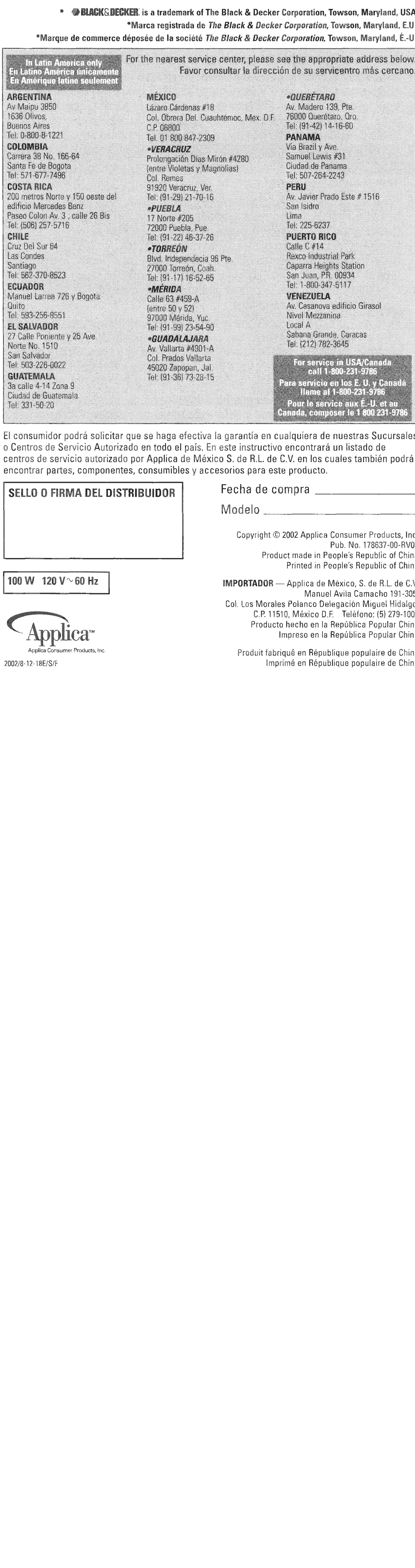 Black & Decker JW200 manual p i G G i G q, Fecha de compra, 200218-12-18ElSlF 
