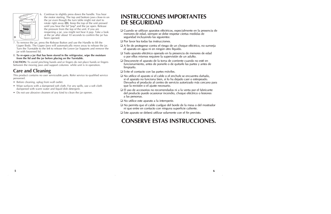 Black & Decker JW250 manual Care and Cleaning, Instrucciones Importantes De Seguridad, Conserve Estas Instrucciones 