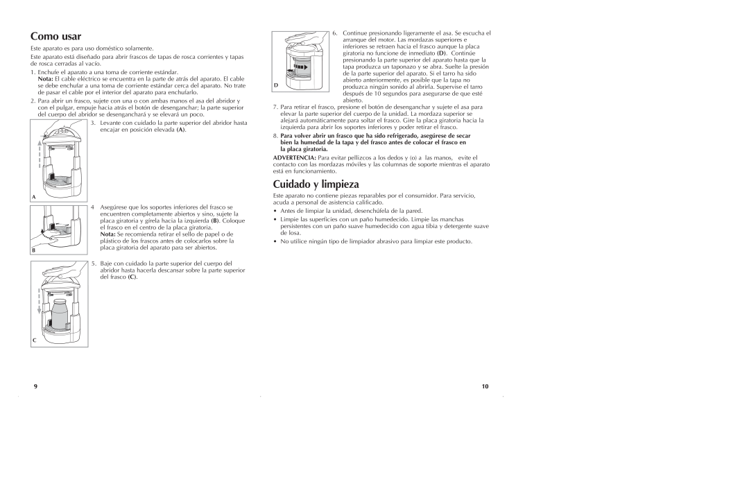 Black & Decker JW250 manual Como usar, Cuidado y limpieza 