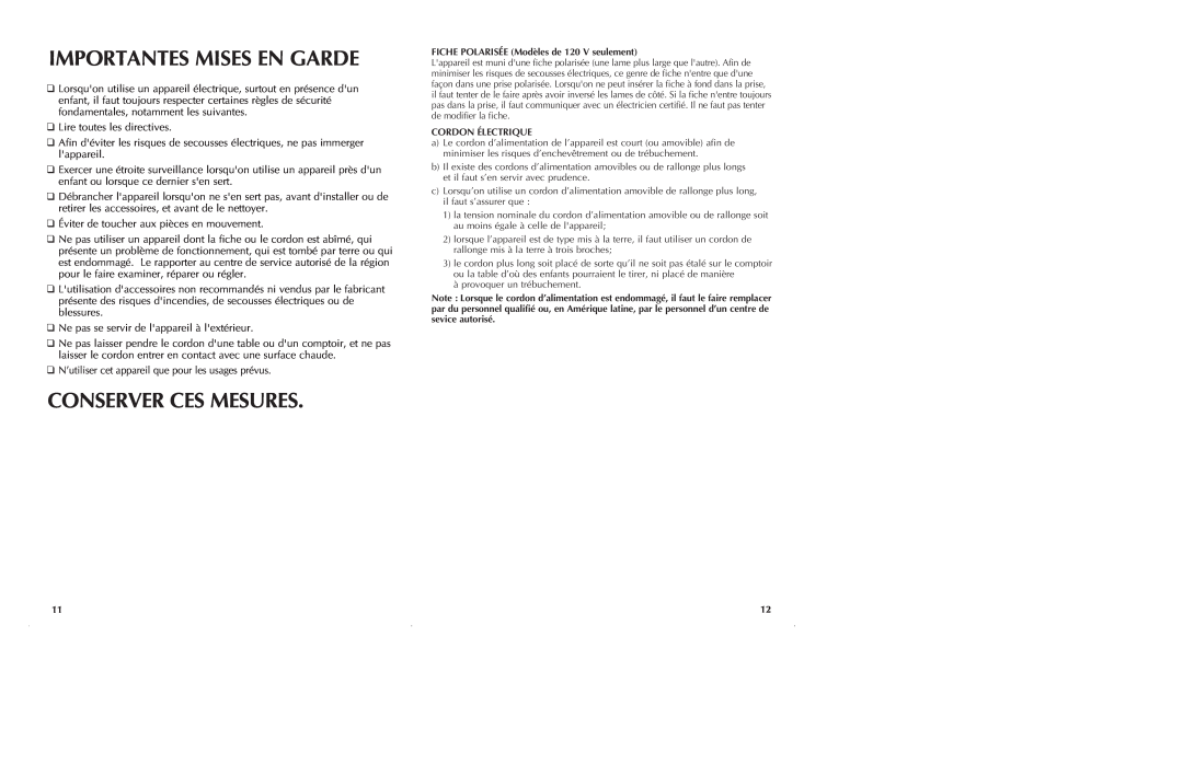 Black & Decker JW250 manual Importantes Mises En Garde, Conserver Ces Mesures 