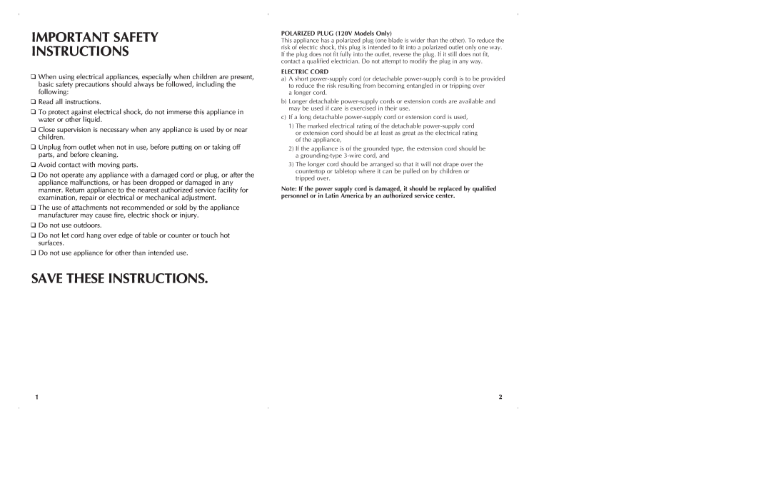 Black & Decker JW275, JW270, JW260 manual Important Safety Instructions, Save These Instructions 