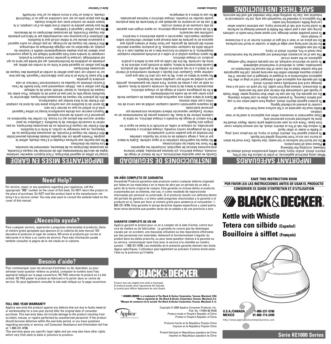 Black & Decker KE1000 user service Instructions These Save, Safeguards Important, Need Help?, ¿Necesita ayuda? 