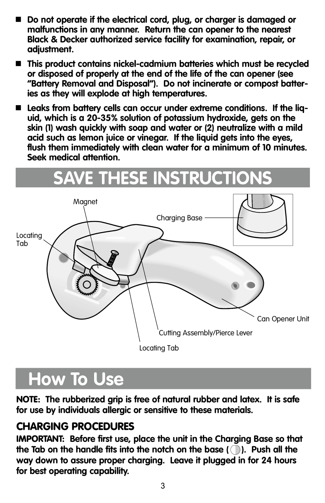 Black & Decker KEC500 manual How To Use, Charging Procedures 