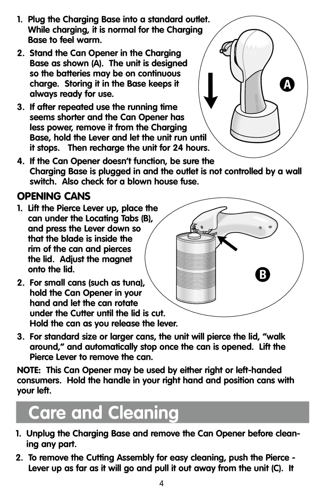 Black & Decker KEC500 manual Care and Cleaning, Opening Cans 