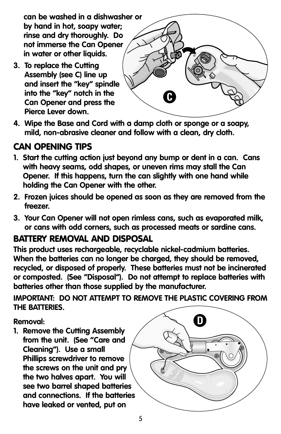 Black & Decker KEC500 manual Can Opening Tips, Battery Removal and Disposal 