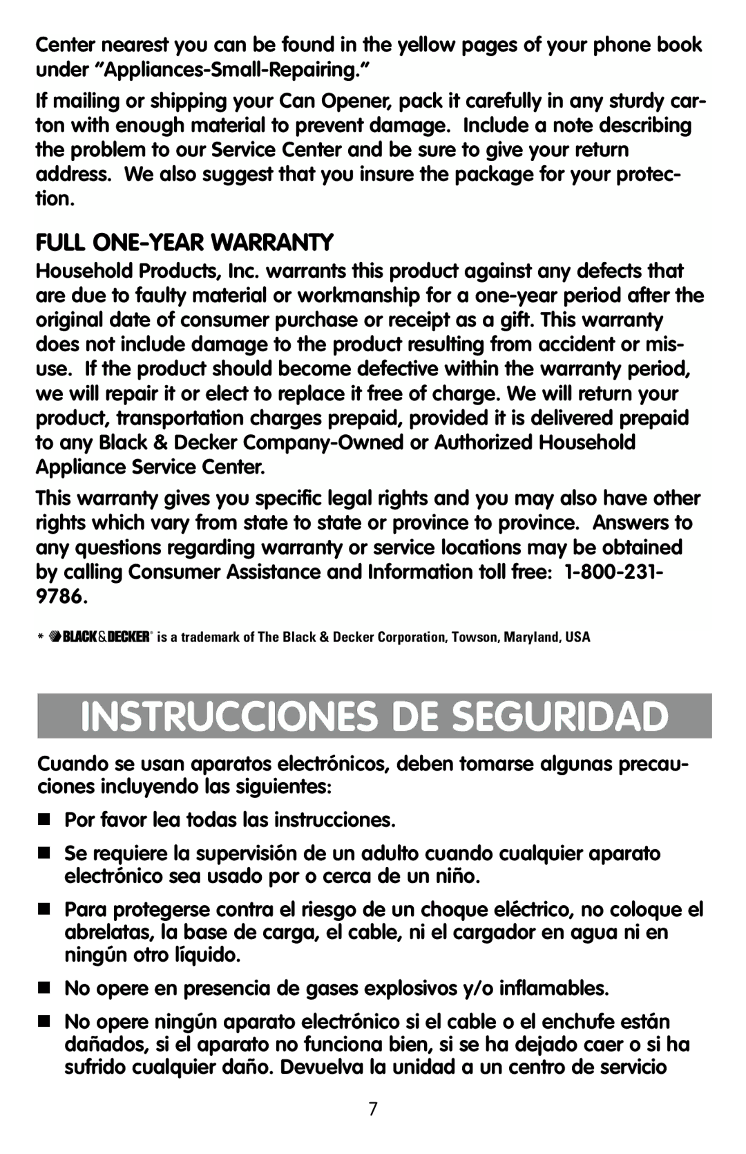 Black & Decker KEC500 manual Instrucciones DE Seguridad, Full ONE-YEAR Warranty 