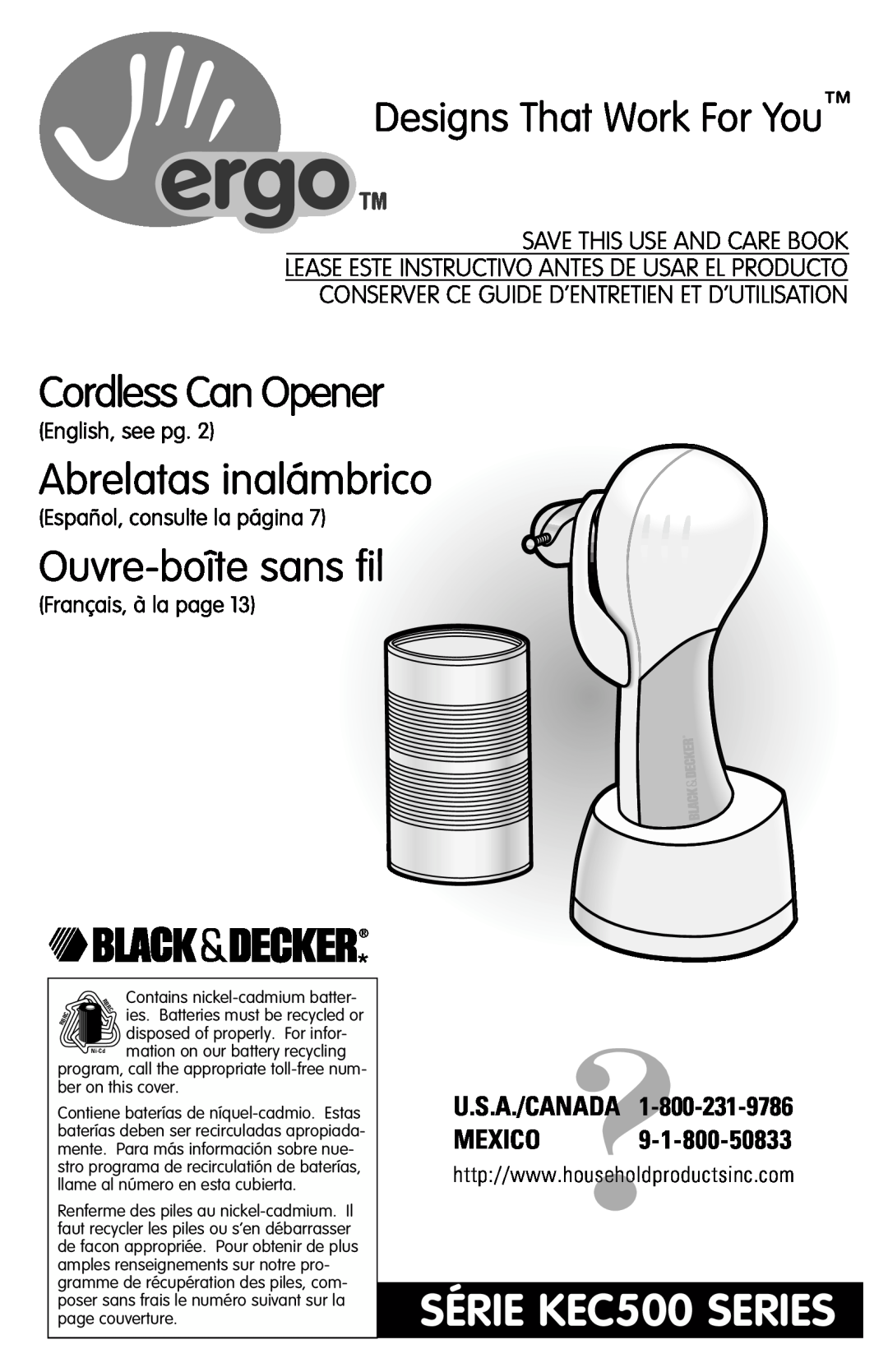 Black & Decker manual Cordless Can Opener, Abrelatas inalámbrico, Ouvre-boîte sans fil, SÉRIE KEC500 SERIES 