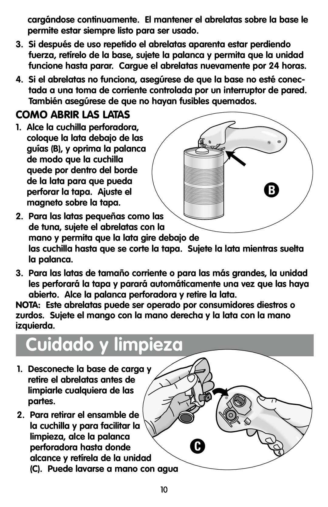 Black & Decker KEC500 manual Cuidado y limpieza, Como Abrir Las Latas 