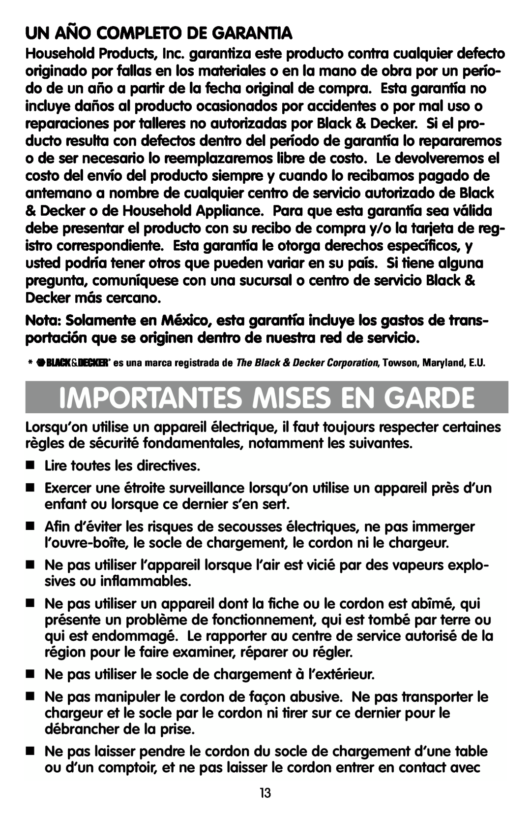 Black & Decker KEC500 manual Importantes Mises En Garde, Un Año Completo De Garantia 