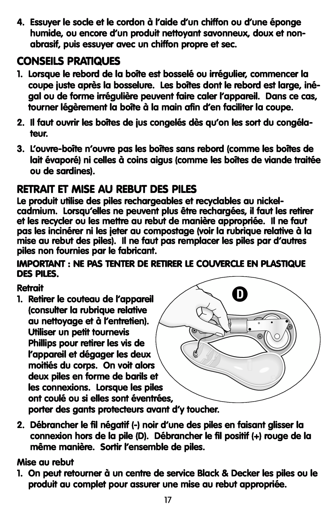 Black & Decker KEC500 manual Conseils Pratiques, Retrait Et Mise Au Rebut Des Piles 