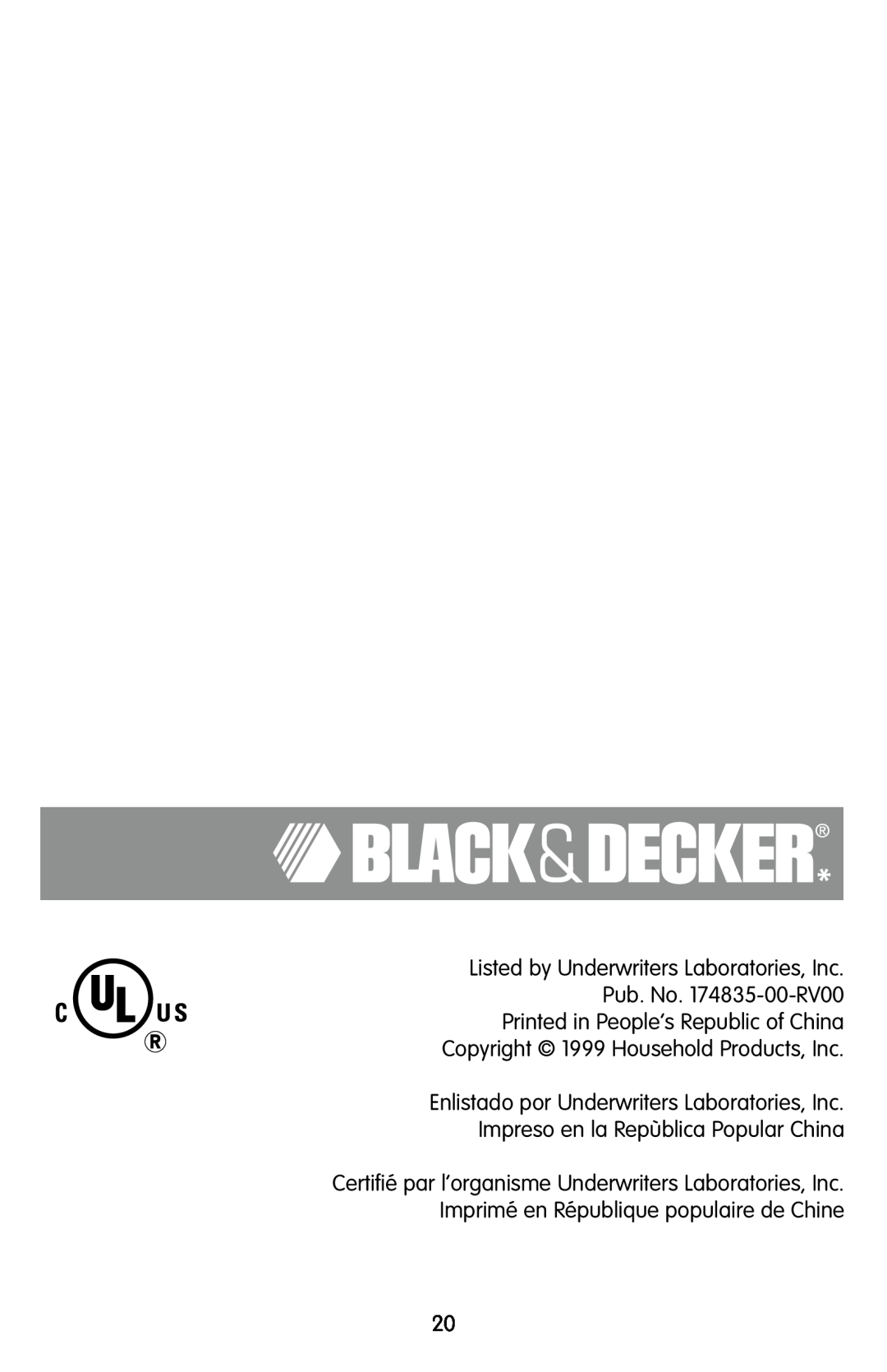 Black & Decker KEC500 manual Listed by Underwriters Laboratories, Inc Pub. No. 174835-00-RV00 