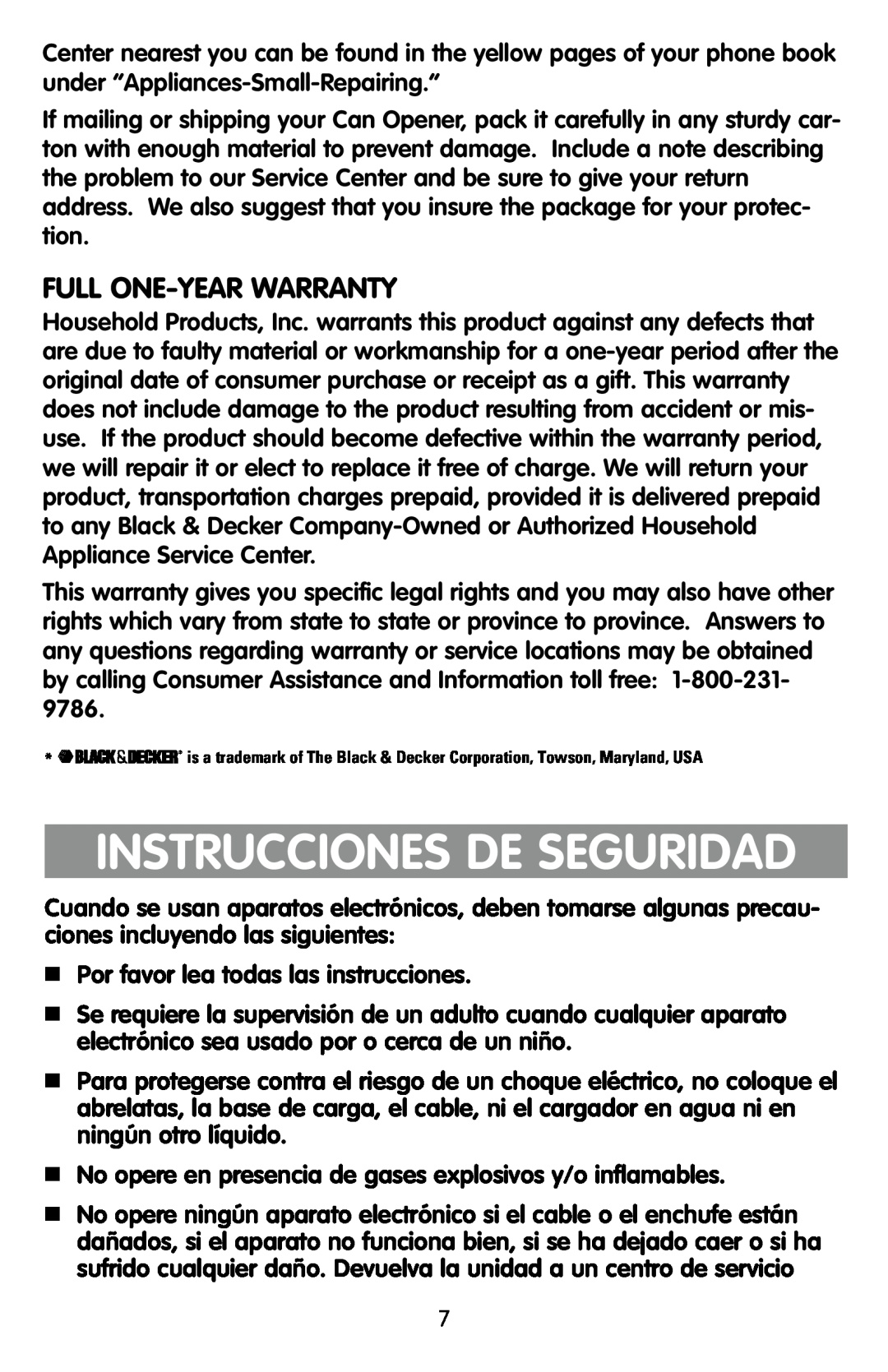 Black & Decker KEC500 manual Instrucciones De Seguridad, Full One-Year Warranty 