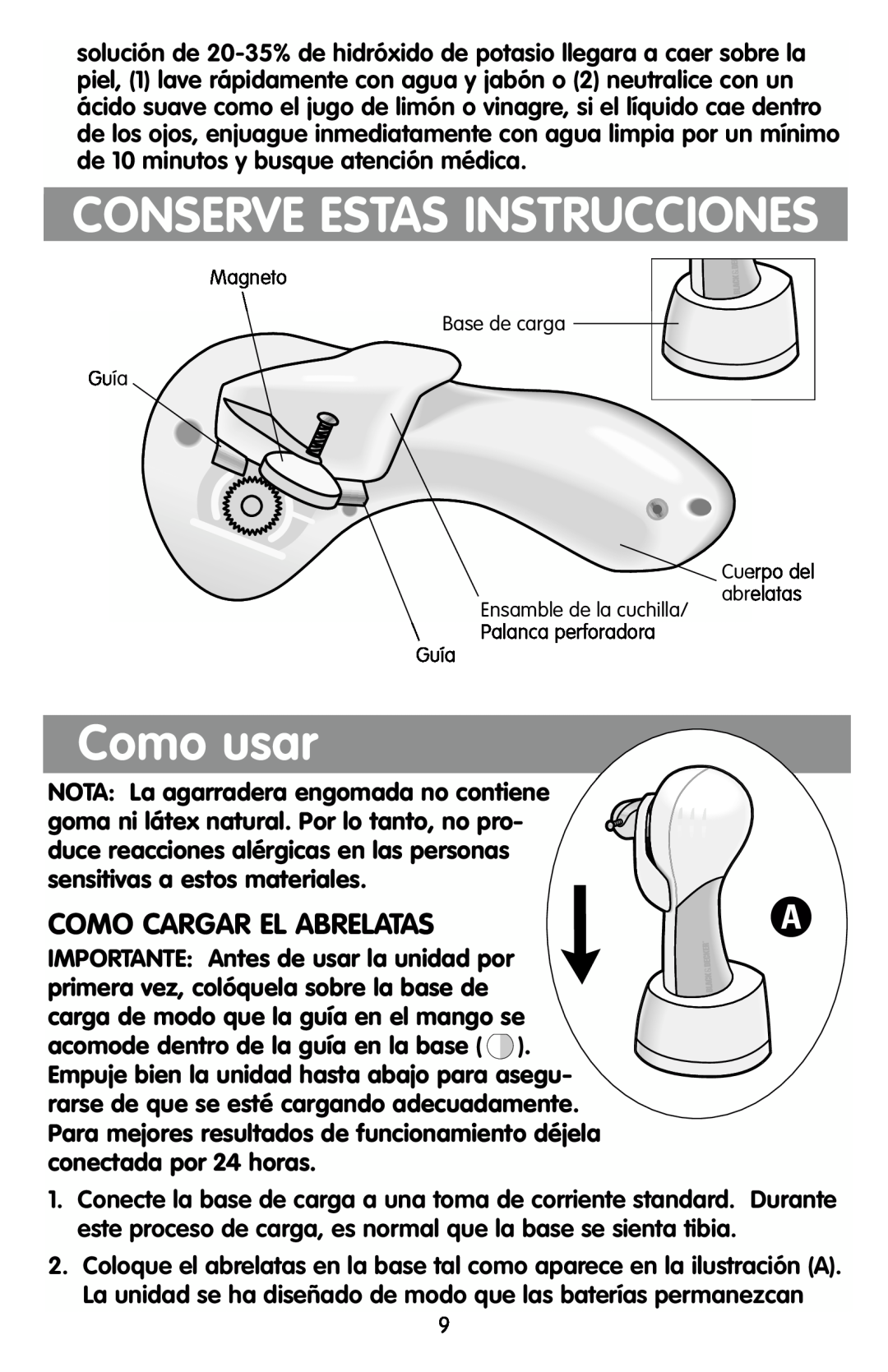 Black & Decker KEC500 manual Como usar, Como Cargar El Abrelatas, Conserve Estas Instrucciones 