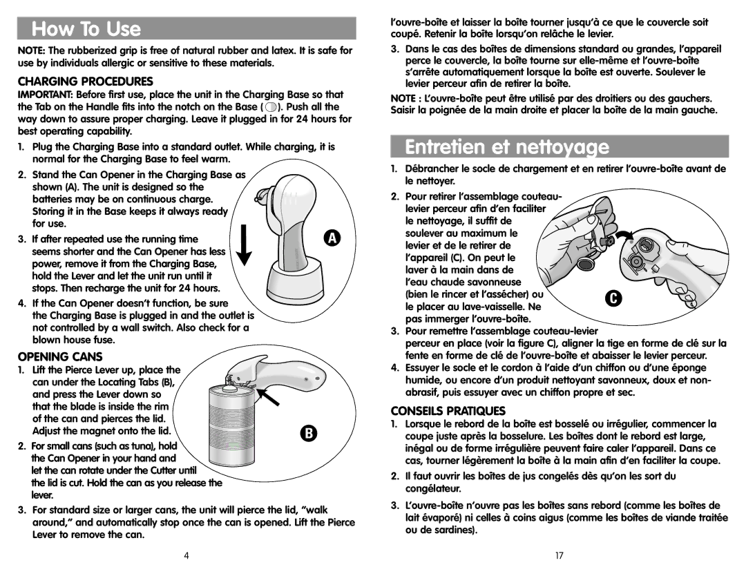 Black & Decker KEC600 manual How To Use, Entretien et nettoyage, Charging Procedures, Opening Cans, Conseils Pratiques 