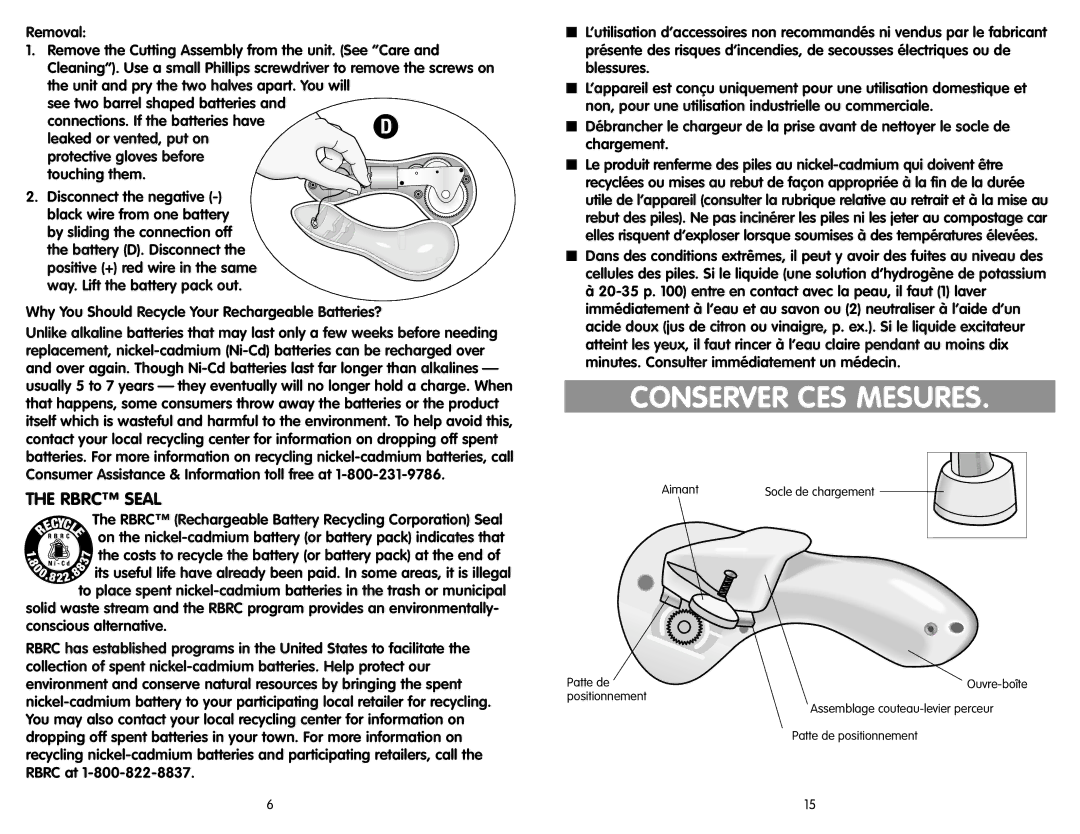 Black & Decker KEC600 manual Conserver CES Mesures, Rbrc Seal, Removal, Why You Should Recycle Your Rechargeable Batteries? 