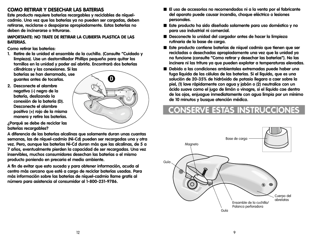 Black & Decker KEC600 manual Como Retirar Y Desechar LAS Baterias, Como retirar las baterías 