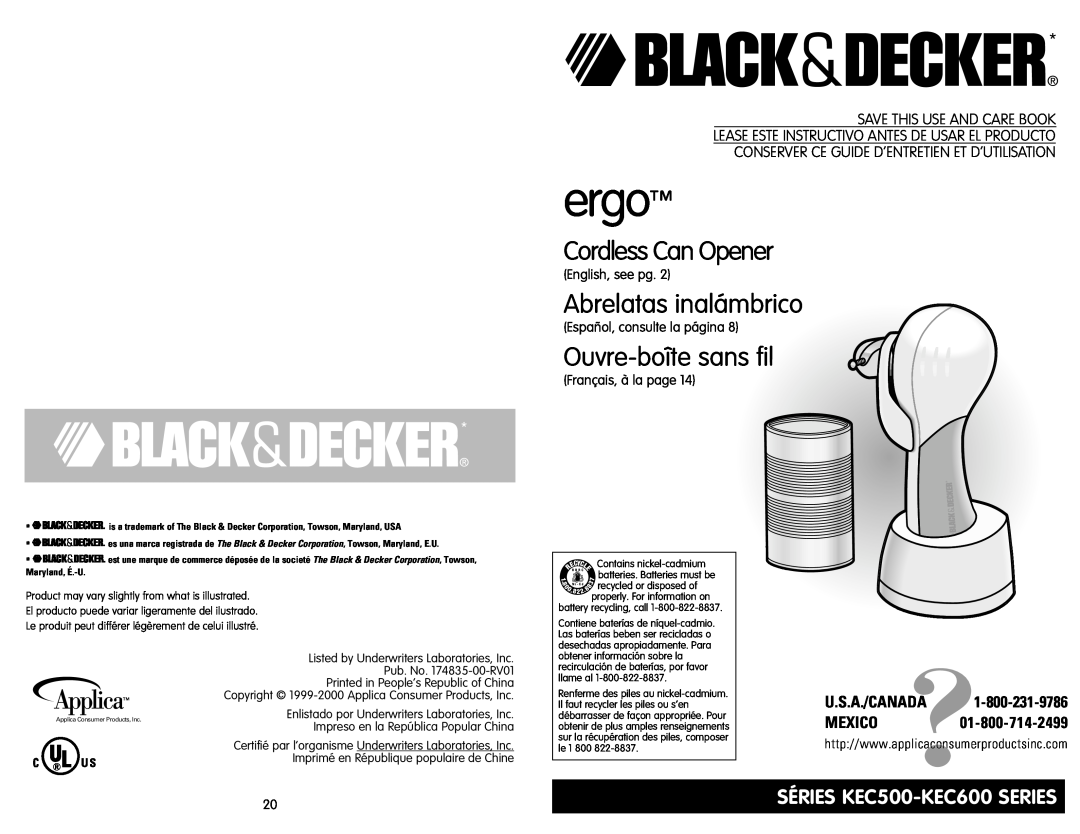 Black & Decker manual SÉRIES KEC500-KEC600 SERIES, ergo, Cordless Can Opener, Abrelatas inalámbrico, English, see pg 