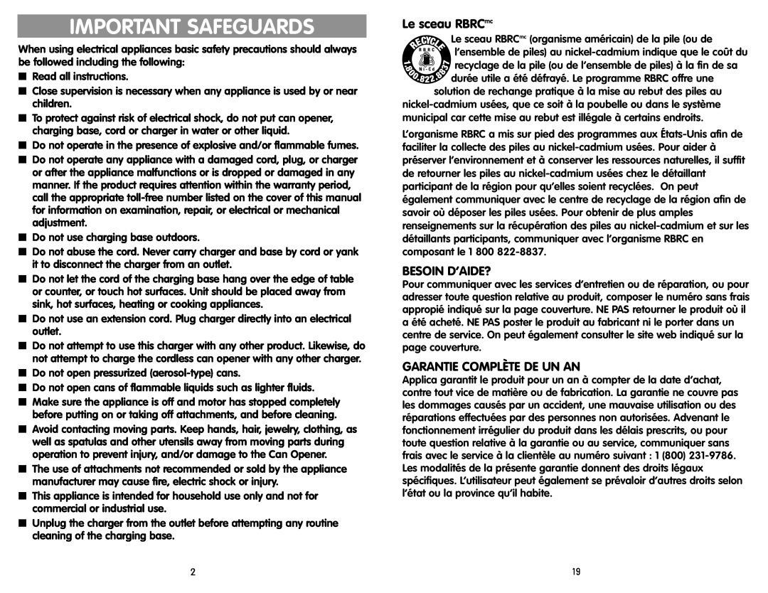 Black & Decker KEC600 manual Important Safeguards, Le sceau RBRCmc, Besoin D’Aide?, Garantie Complète De Un An 