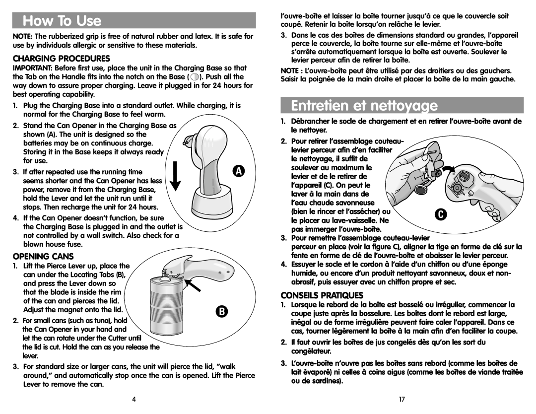 Black & Decker KEC600 manual How To Use, Entretien et nettoyage, Charging Procedures, Opening Cans, Conseils Pratiques 