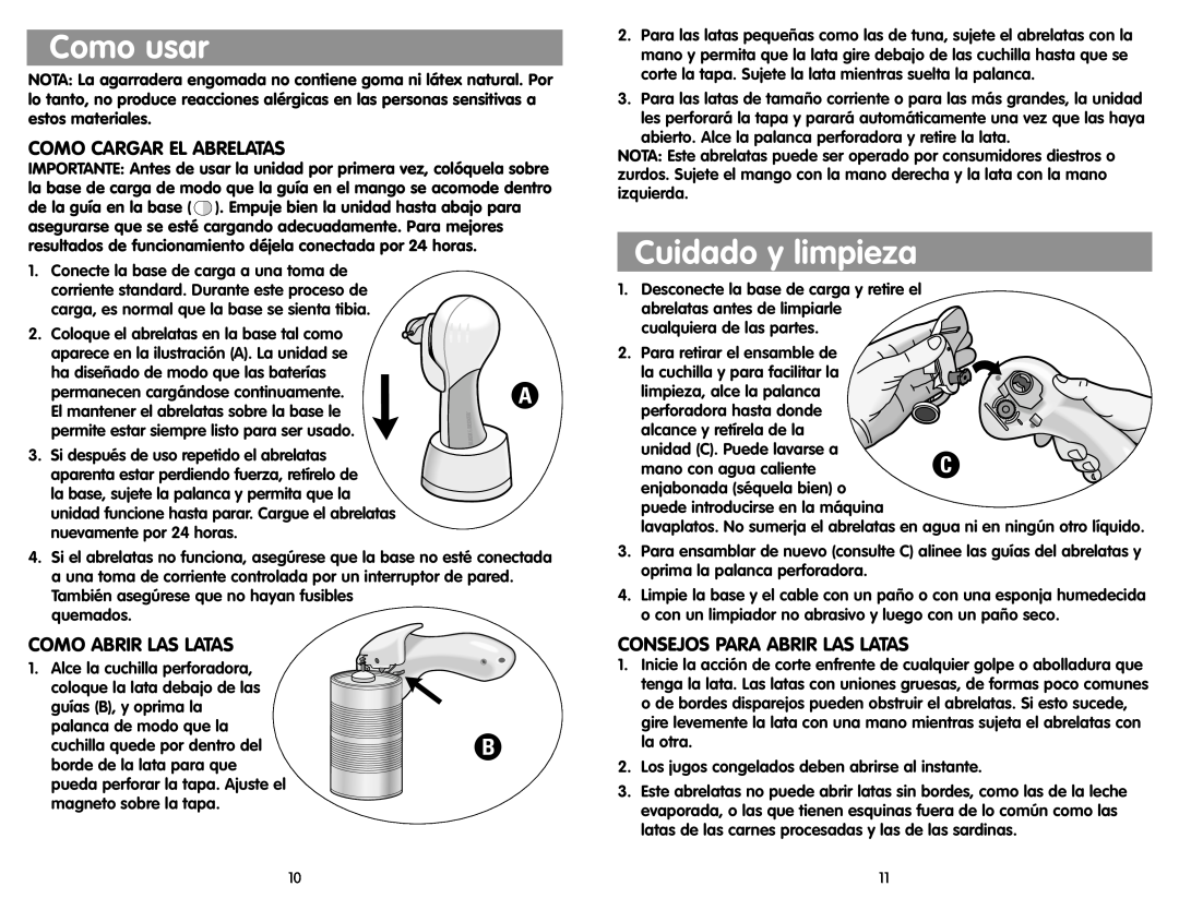 Black & Decker KEC600 manual Como usar, Cuidado y limpieza, Como Cargar El Abrelatas, Como Abrir Las Latas 