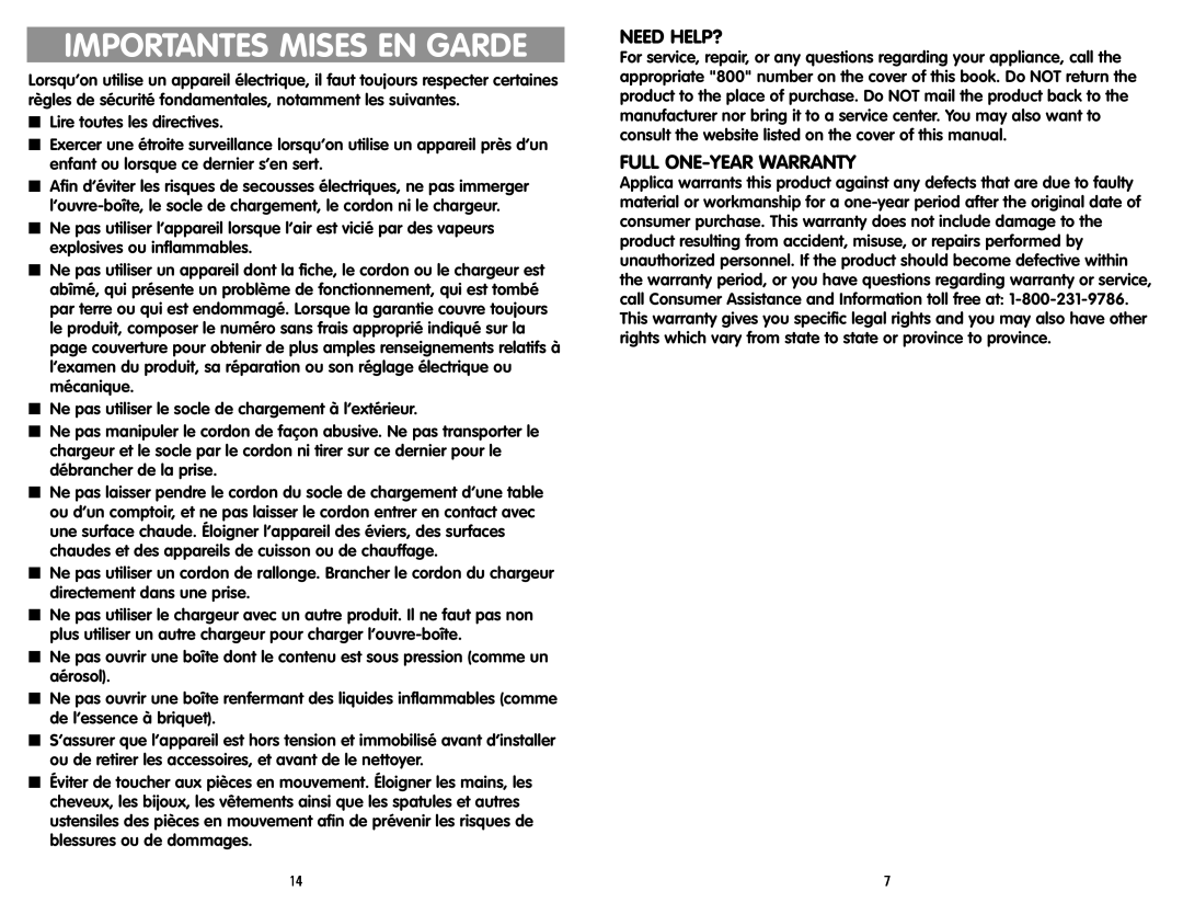 Black & Decker KEC600 manual Importantes Mises En Garde, Need Help?, Full One-Year Warranty 