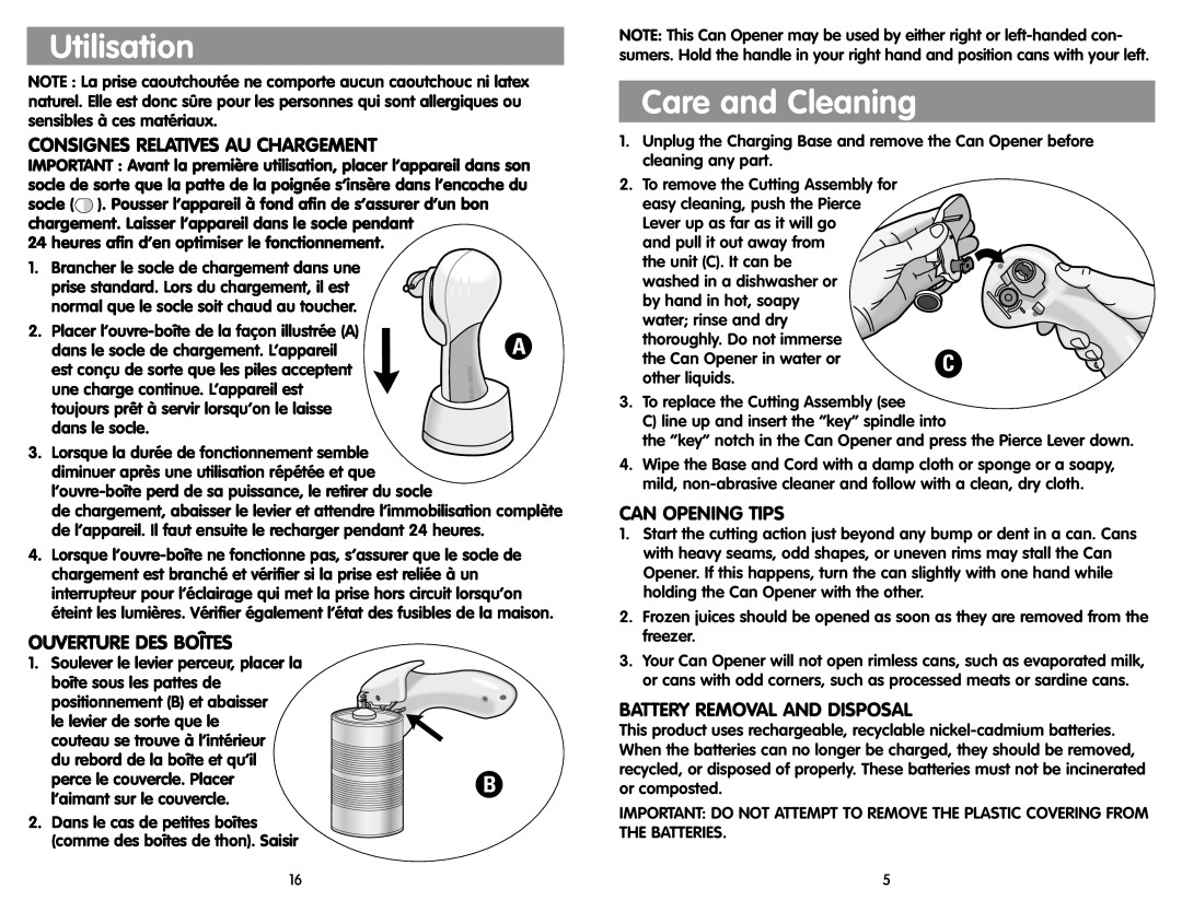 Black & Decker KEC600 manual Utilisation, Care and Cleaning, Consignes Relatives Au Chargement, Ouverture Des Boîtes 