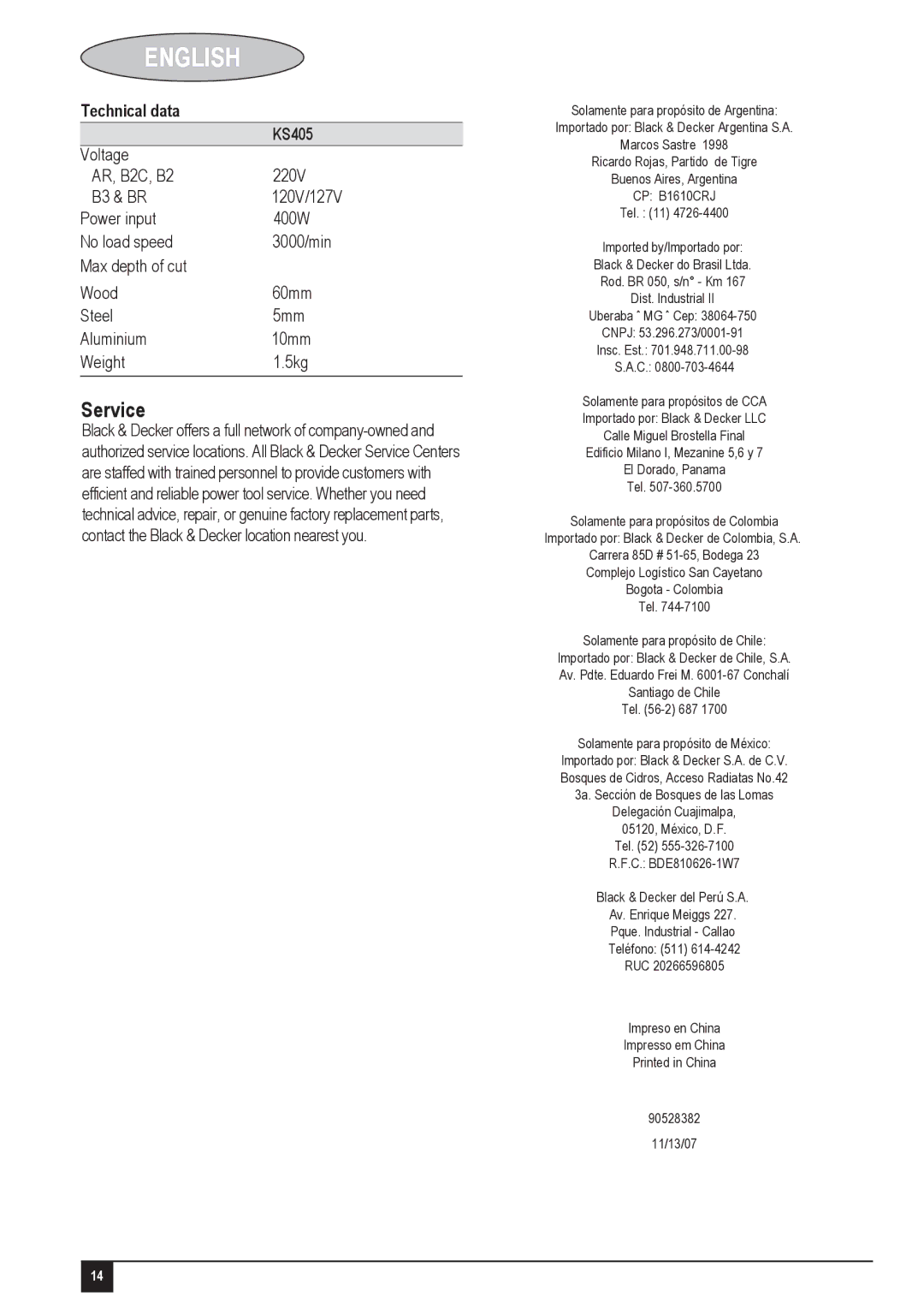 Black & Decker instruction manual Service, Technical data KS405 