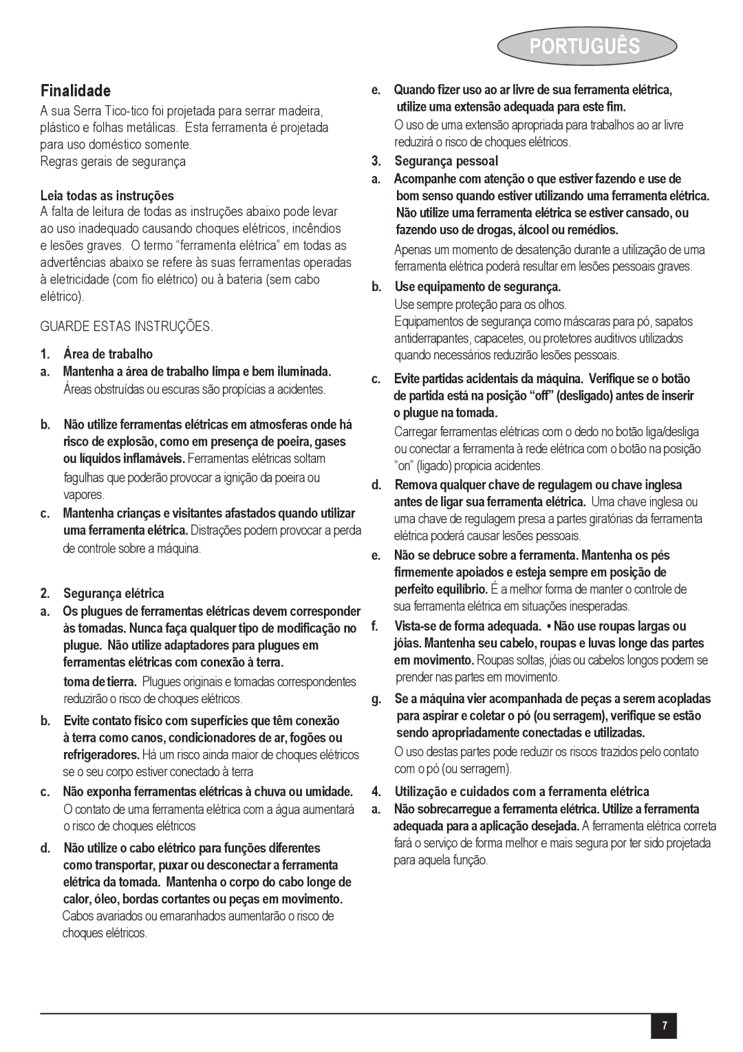 Black & Decker KS405 Português, Finalidade, Leia todas as instruções, Área de trabalho, Segurança pessoal 