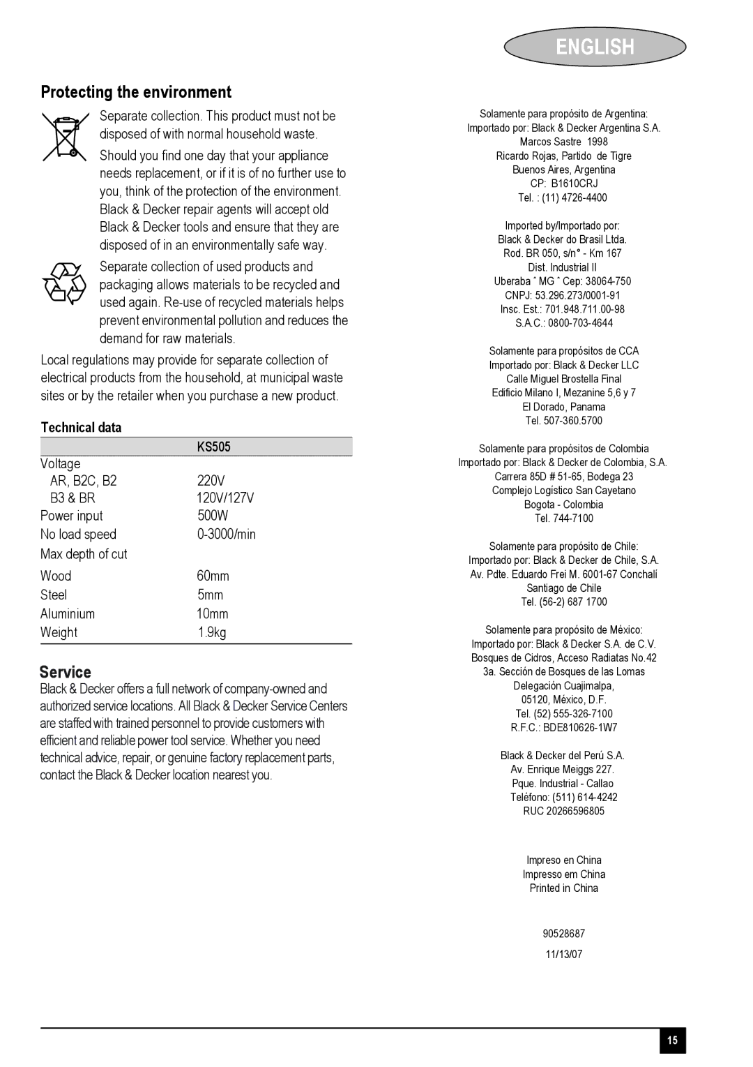 Black & Decker instruction manual Service, Technical data KS505 