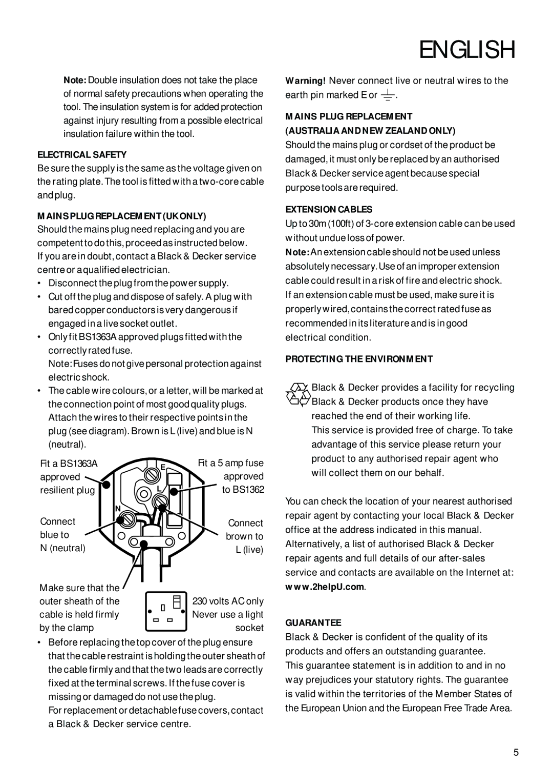 Black & Decker KS629-638SE Electrical Safety, Mains Plug Replacement UK only, Extension Cables, Protecting the Environment 