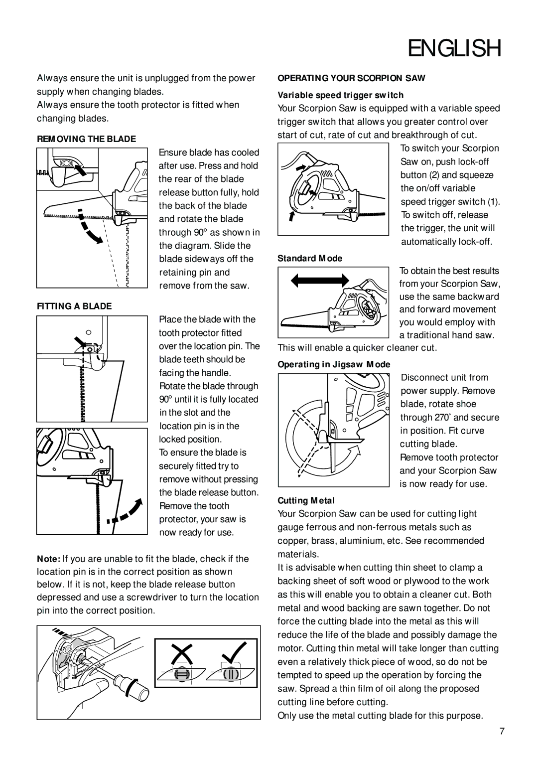 Black & Decker KS629-638SE, KS890E manual Removing the Blade, Operating Your Scorpion SAW, Fitting a Blade 