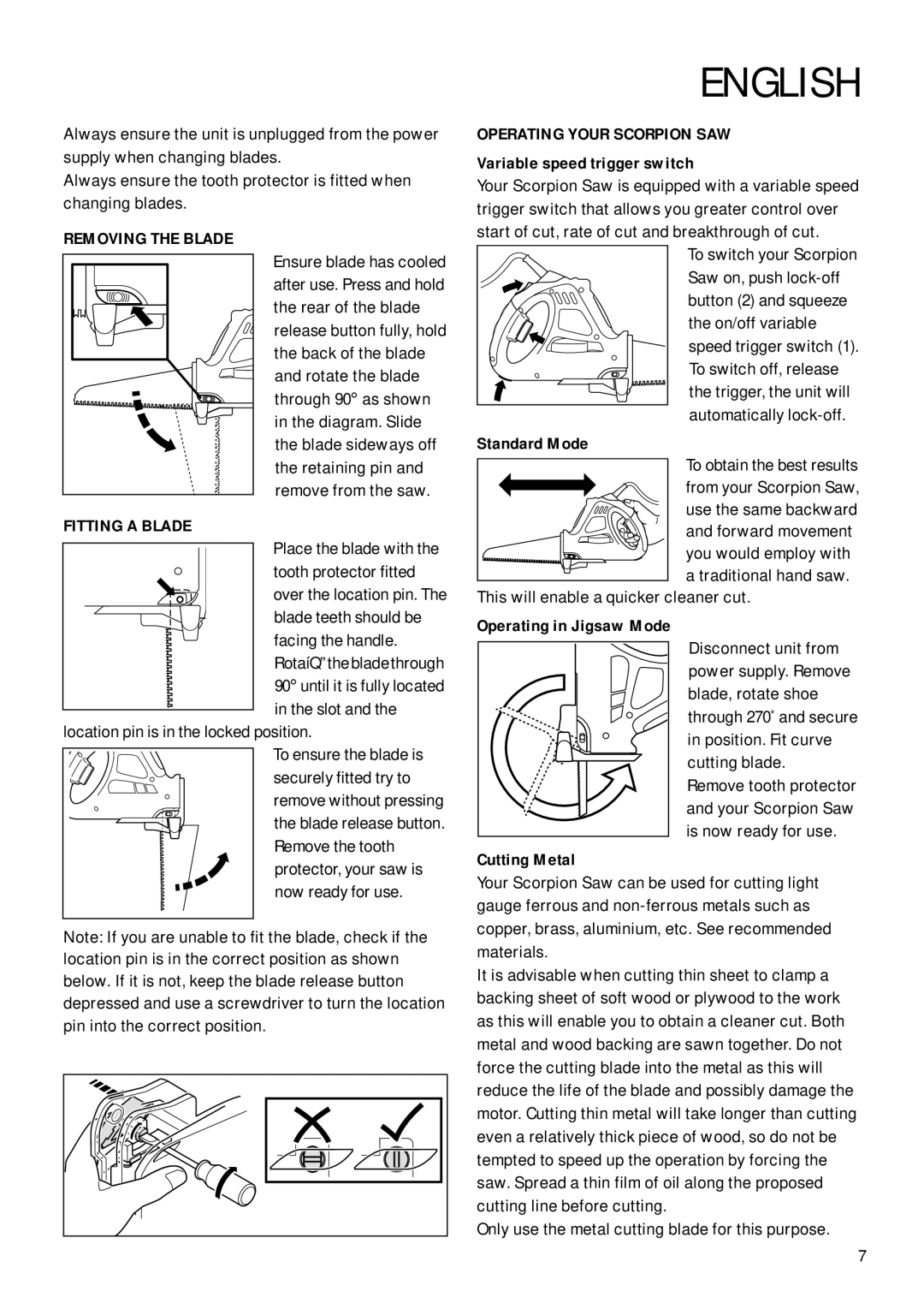 Black & Decker KS890GT manual Removing the Blade, Fitting a Blade, Operating Your Scorpion SAW 