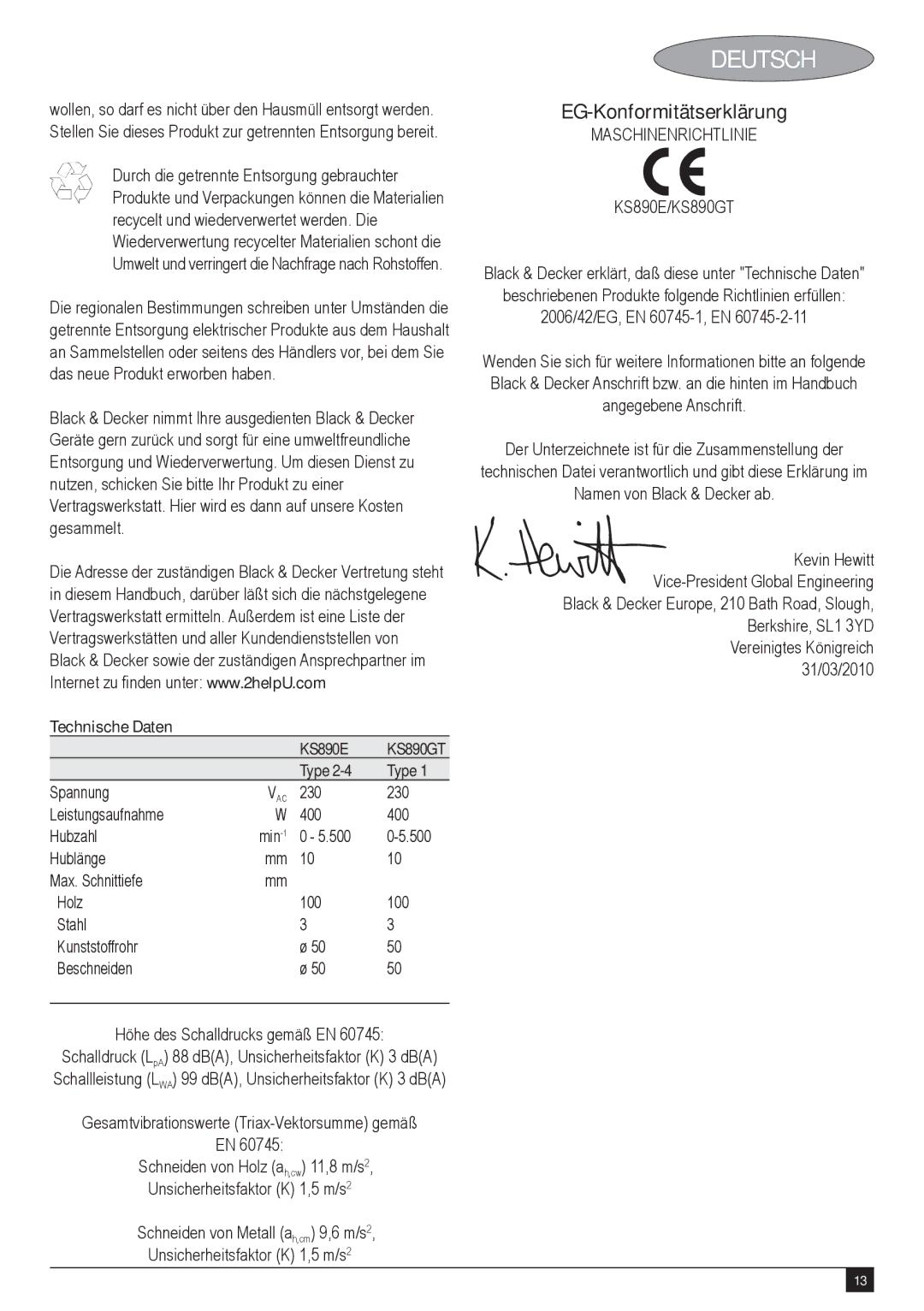 Black & Decker KS890GT manual EG-Konformitätserklärung, Technische Daten KS890E, Maschinenrichtlinie% 