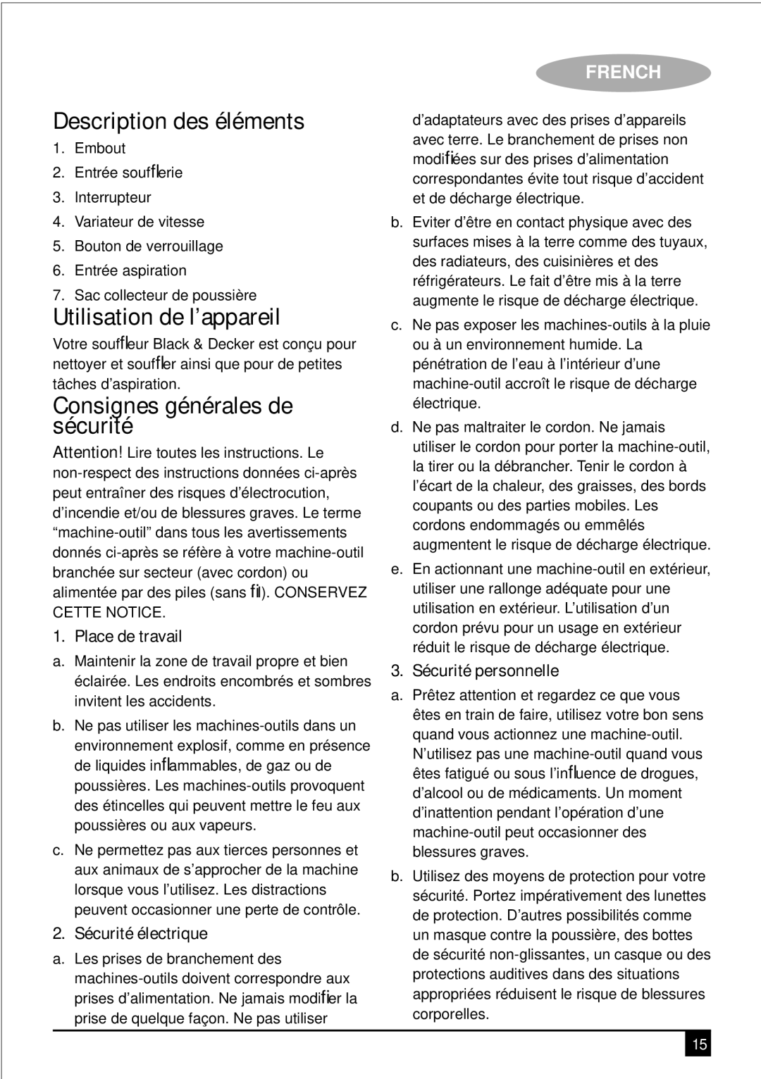 Black & Decker KTX5000 manual Description des éléments, Utilisation de l’appareil, Consignes générales de sécurité 