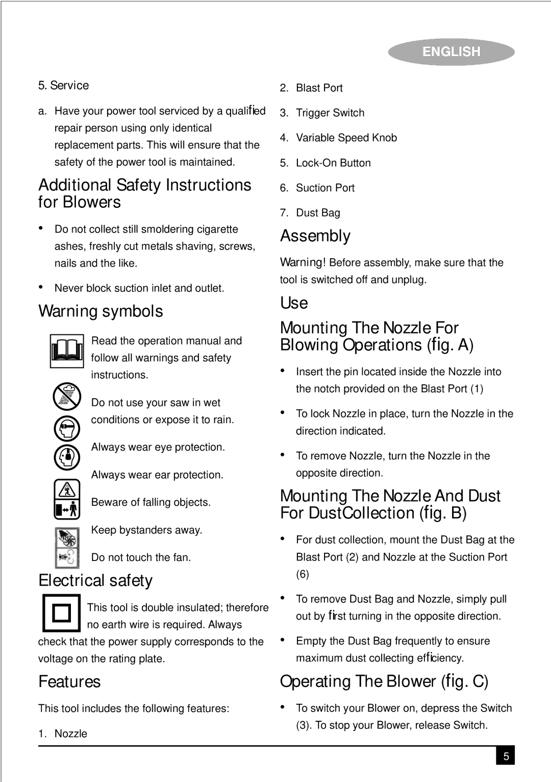 Black & Decker KTX5000 Additional Safety Instructions for Blowers, Electrical safety, Features, Operating The Blower ﬁg. C 