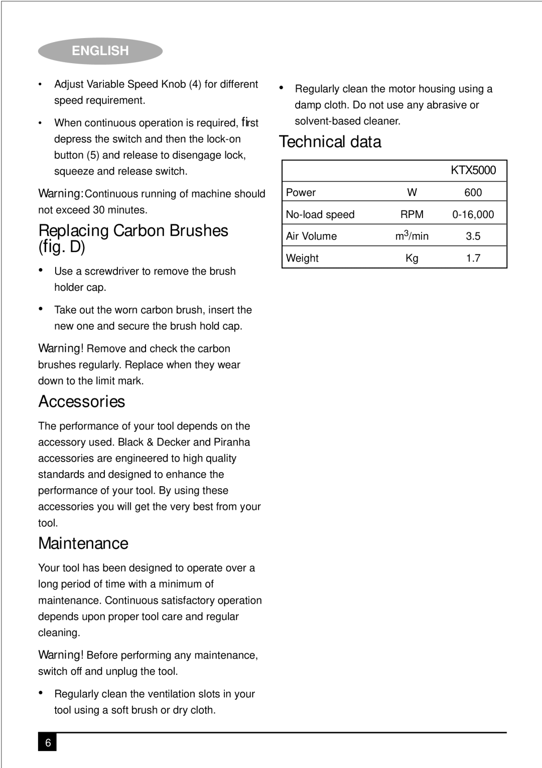 Black & Decker KTX5000 manual Replacing Carbon Brushes ﬁg. D, Accessories, Maintenance, Technical data 