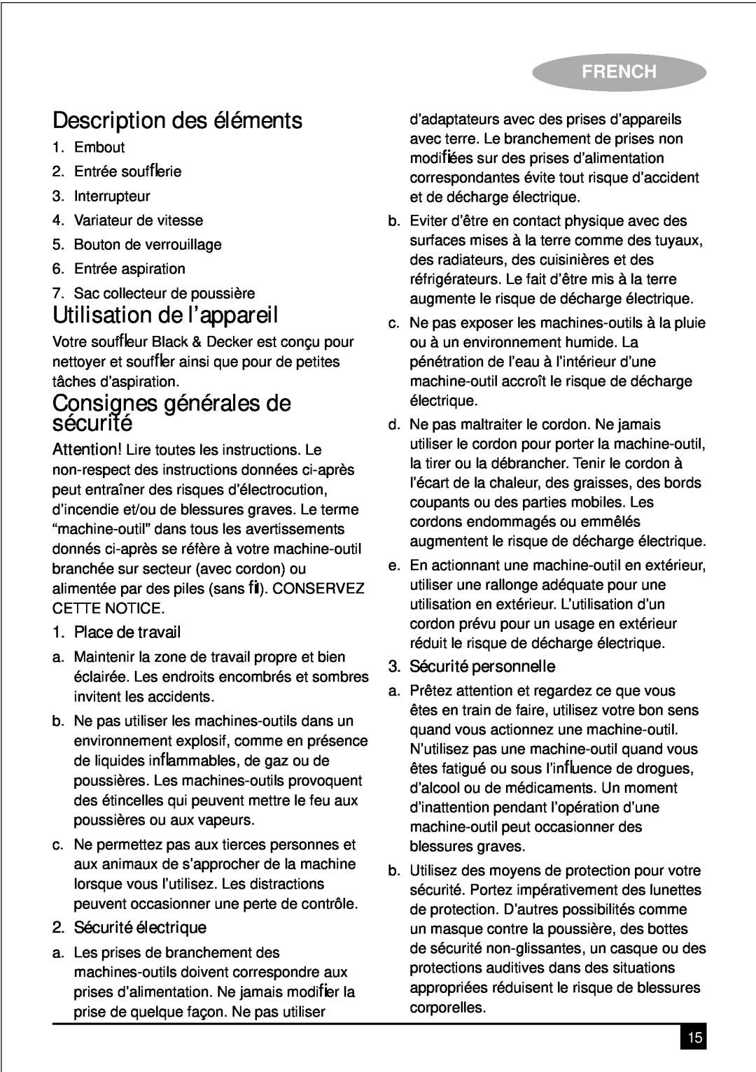 Black & Decker KTX5000 manual Description des éléments, Utilisation de l’appareil, Consignes générales de sécurité, French 