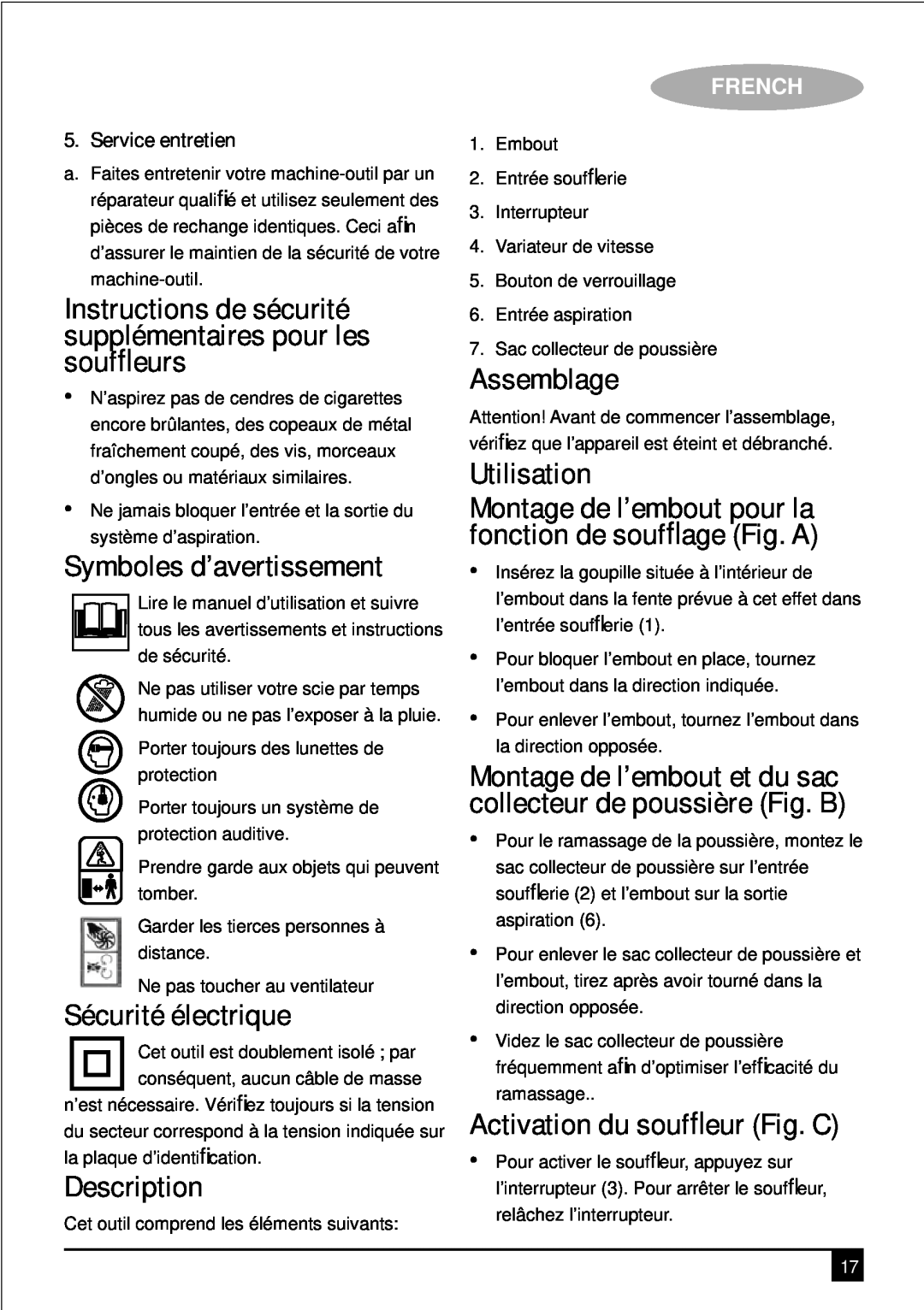 Black & Decker KTX5000 manual Symboles d’avertissement, Sécurité électrique, Description, Assemblage, Utilisation 