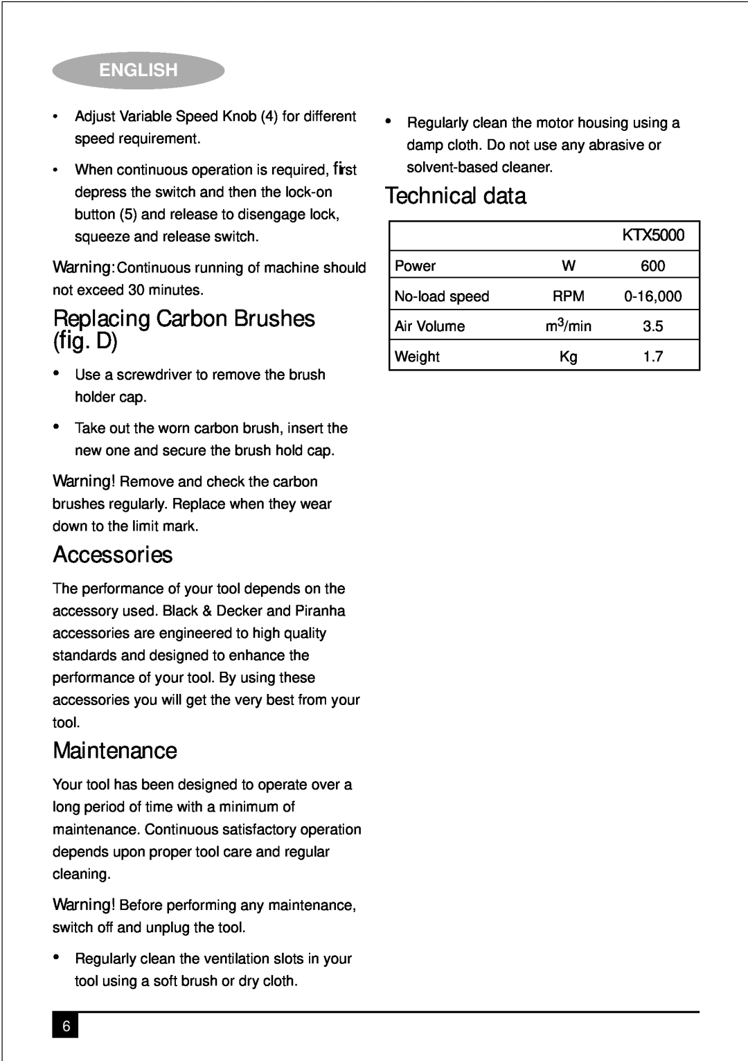 Black & Decker KTX5000 manual Replacing Carbon Brushes ﬁg. D, Accessories, Maintenance, Technical data, English 