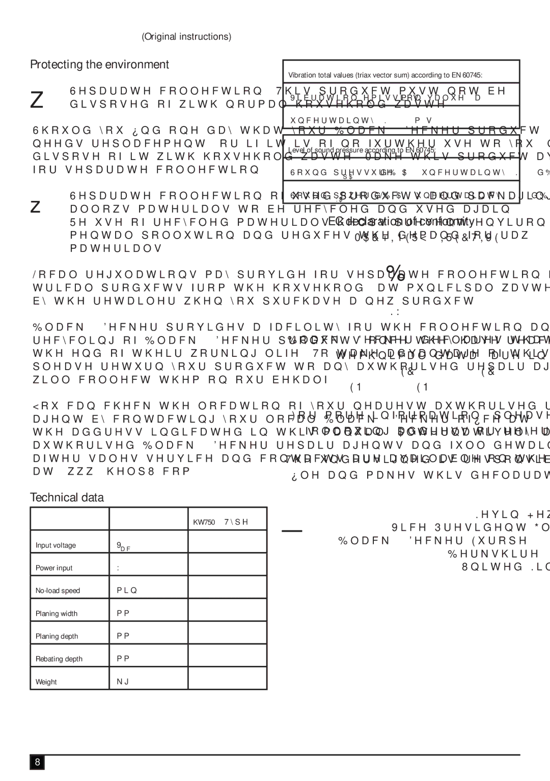 Black & Decker KW750 manual Protecting the environment, Technical data, EC declaration of conformity 