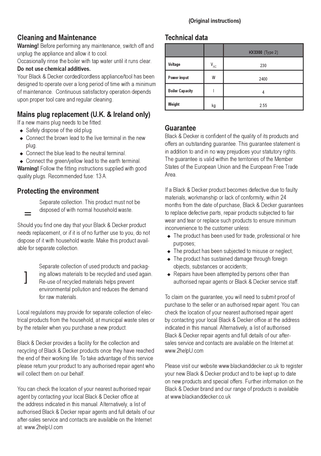 Black & Decker KX3300 Cleaning and Maintenance, Mains plug replacement U.K. & Ireland only, Technical data, Guarantee 