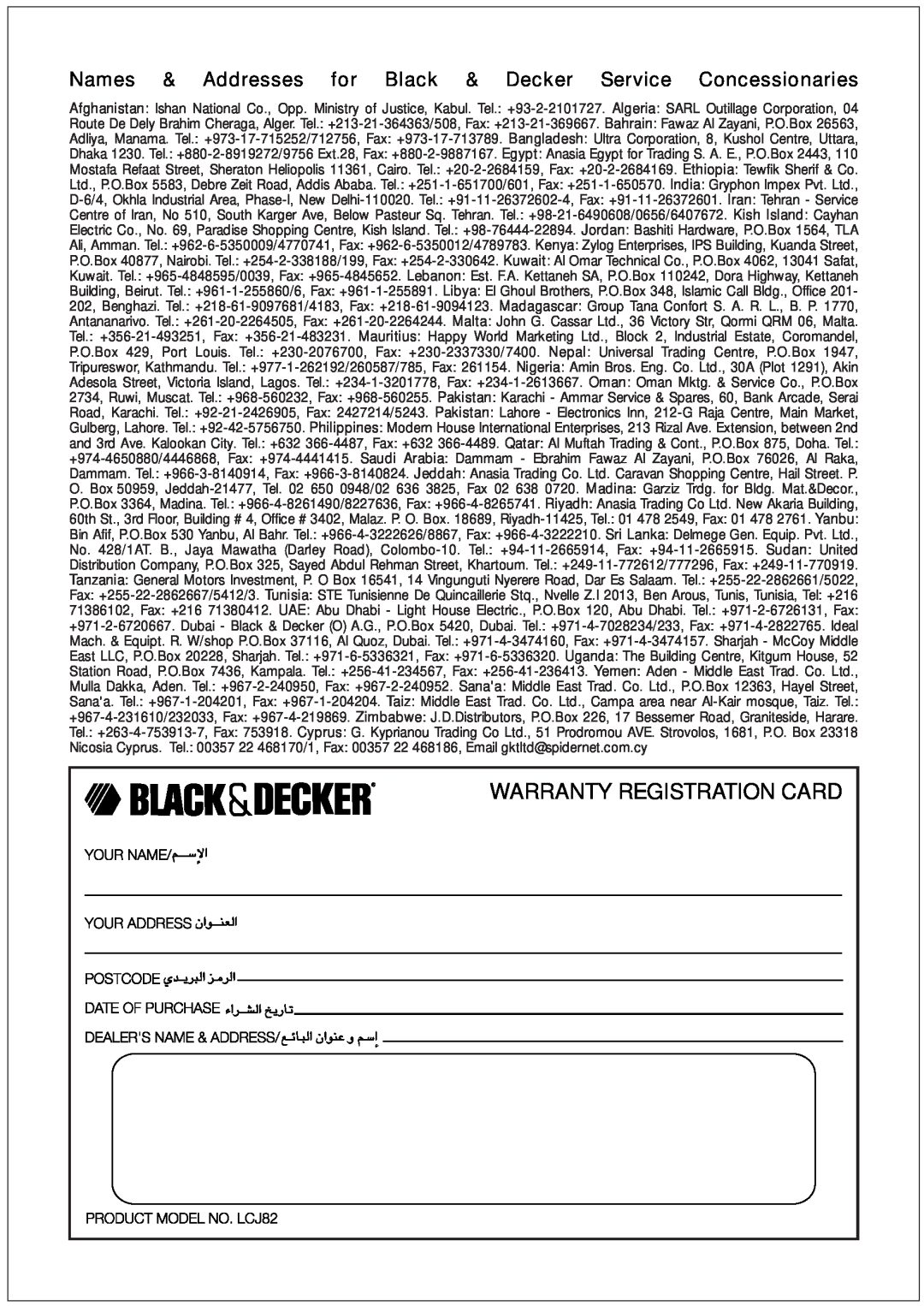 Black & Decker LCJ82 manual Warranty Registration Card, Names & Addresses for Black & Decker Service Concessionaries 
