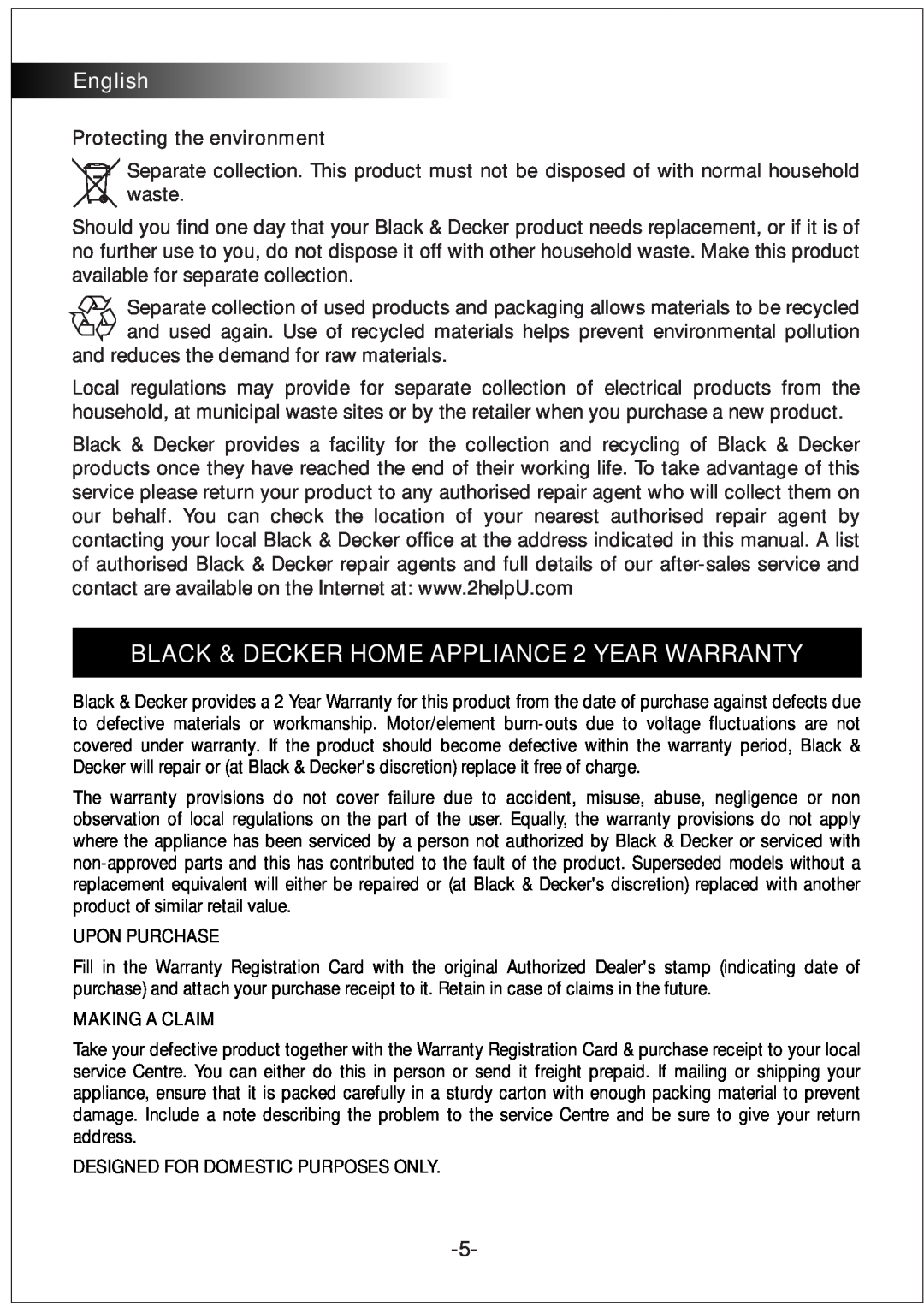 Black & Decker LCJ82 manual Protecting the environment, BLACK & DECKER HOME APPLIANCE 2 YEAR WARRANTY, English 