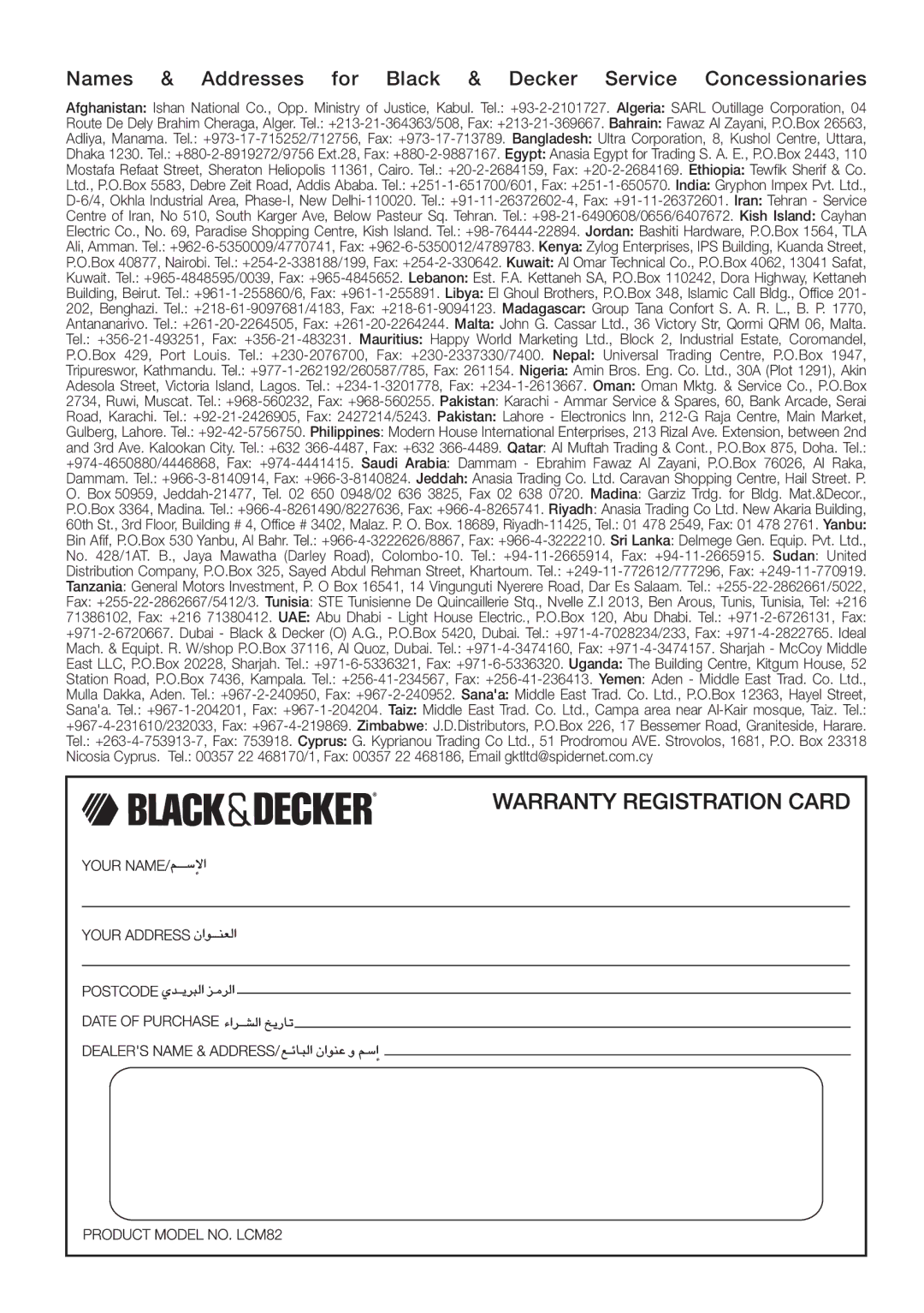 Black & Decker LCM82 manual Names & Addresses for Black & Decker Service Concessionaries 