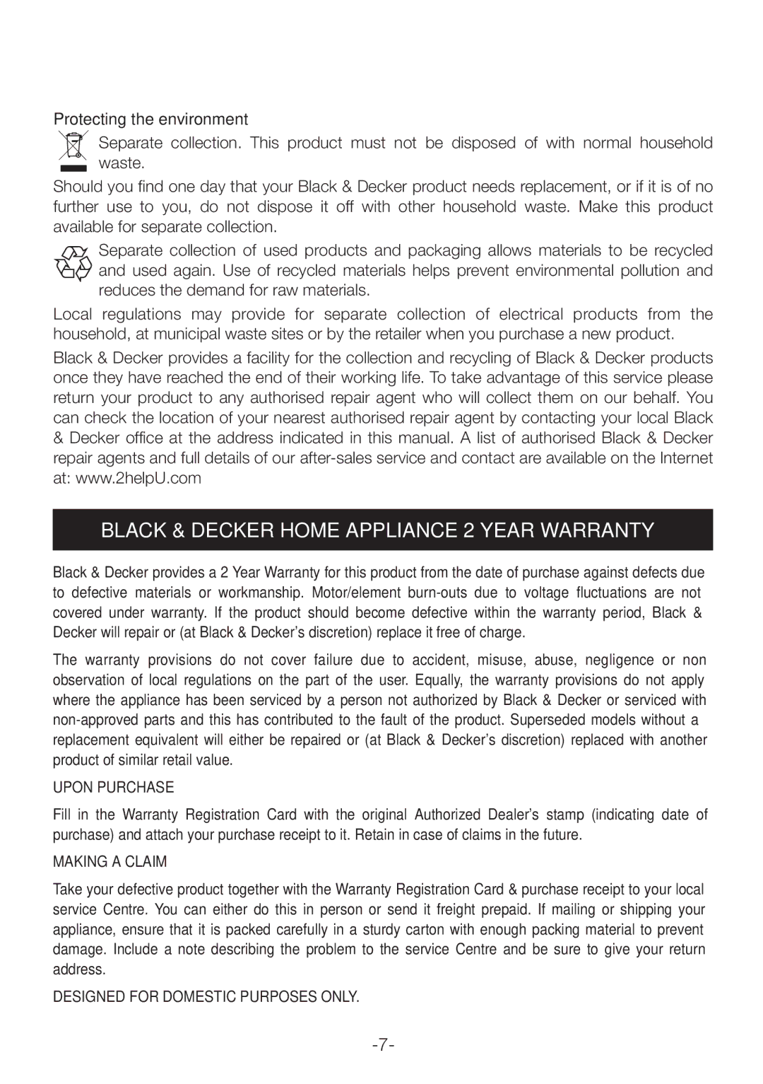 Black & Decker LCM82 manual Black & Decker Home Appliance 2 Year Warranty, Protecting the environment 