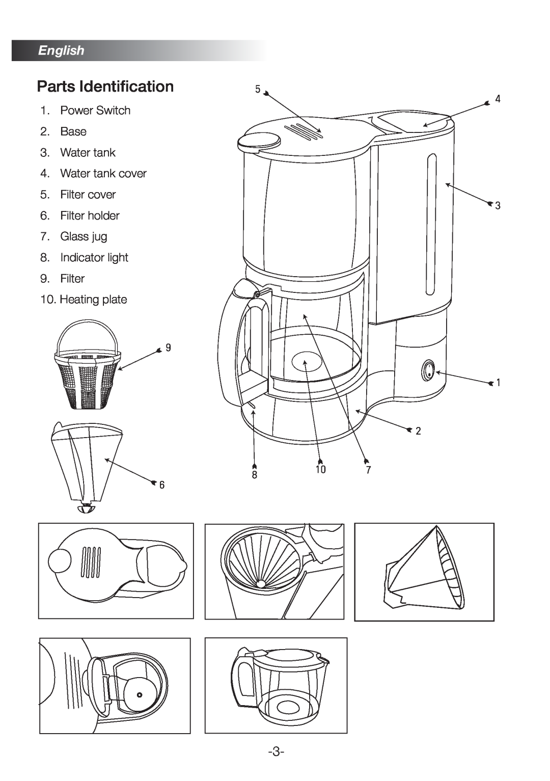 Black & Decker LCM82 Parts Identification, English, Power Switch 2.Base 3.Water tank, Glass jug 8.Indicator light 9.Filter 