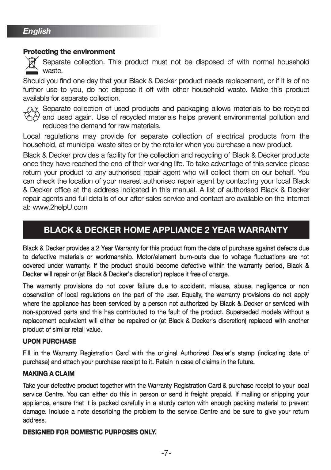 Black & Decker LCM82 manual BLACK & DECKER HOME APPLIANCE 2 YEAR WARRANTY, English, Protecting the environment 