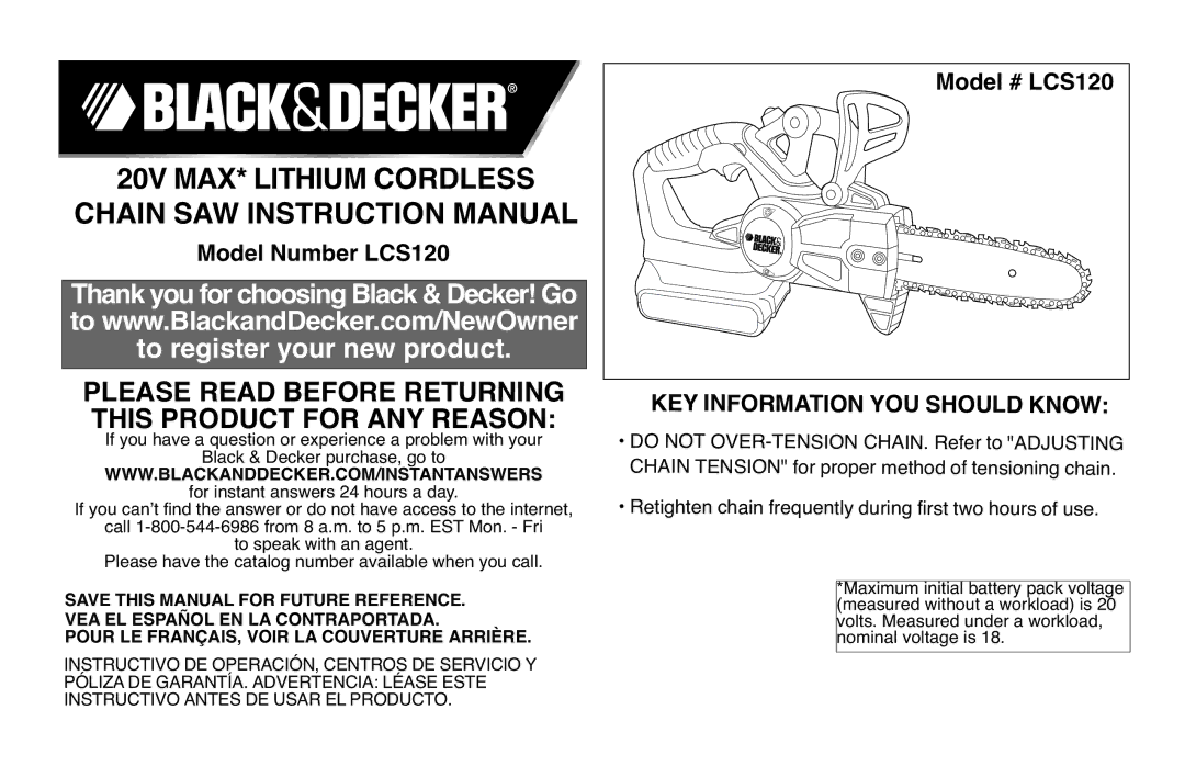 Black & Decker LCS120 instruction manual 20V MAX* Lithium Cordless 